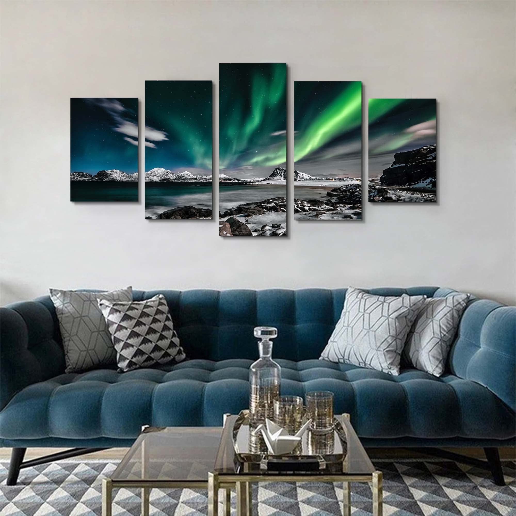Aurora Borealis Canvas Wall Art - Northern Lights Landscape Painting for Living Room, Bedroom & Office Decor | Wooden Framed Prints Ready to Hang (5-Piece Set, 80x40 Inches) | Perfect for Home, Office & Gift Giving