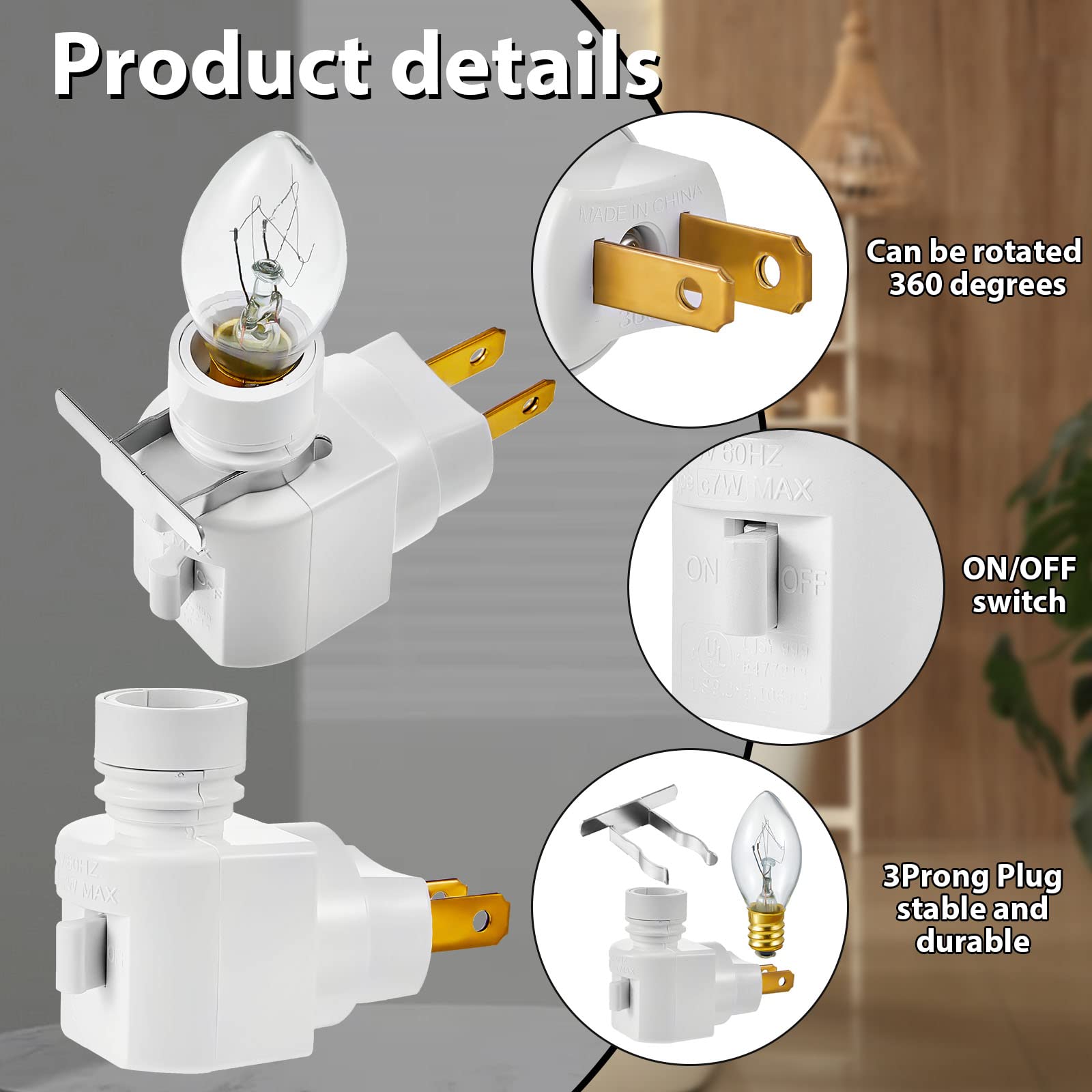 Fabbay 4-Pack Plug-in Night Lights with 7W E12 Bulbs - 120V Wall Outlet Nightlight with Metal Clips (White) - Perfect for Bedrooms, Hallways, and Nurseries