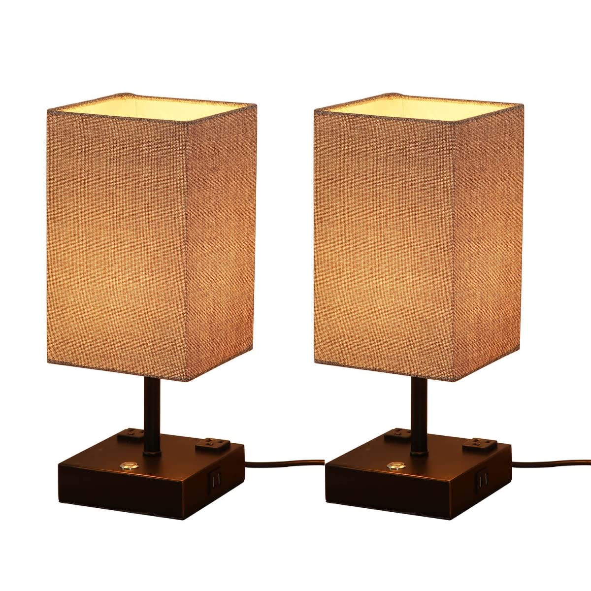 Cedar Hill CH-421008 15-inch Modern Desk Lamp with USB Charging Port & Power Outlet, Adjustable Fabric Shade, Black - Set of 2 for Home Office, Study Room & Bedside Nightstand Lighting