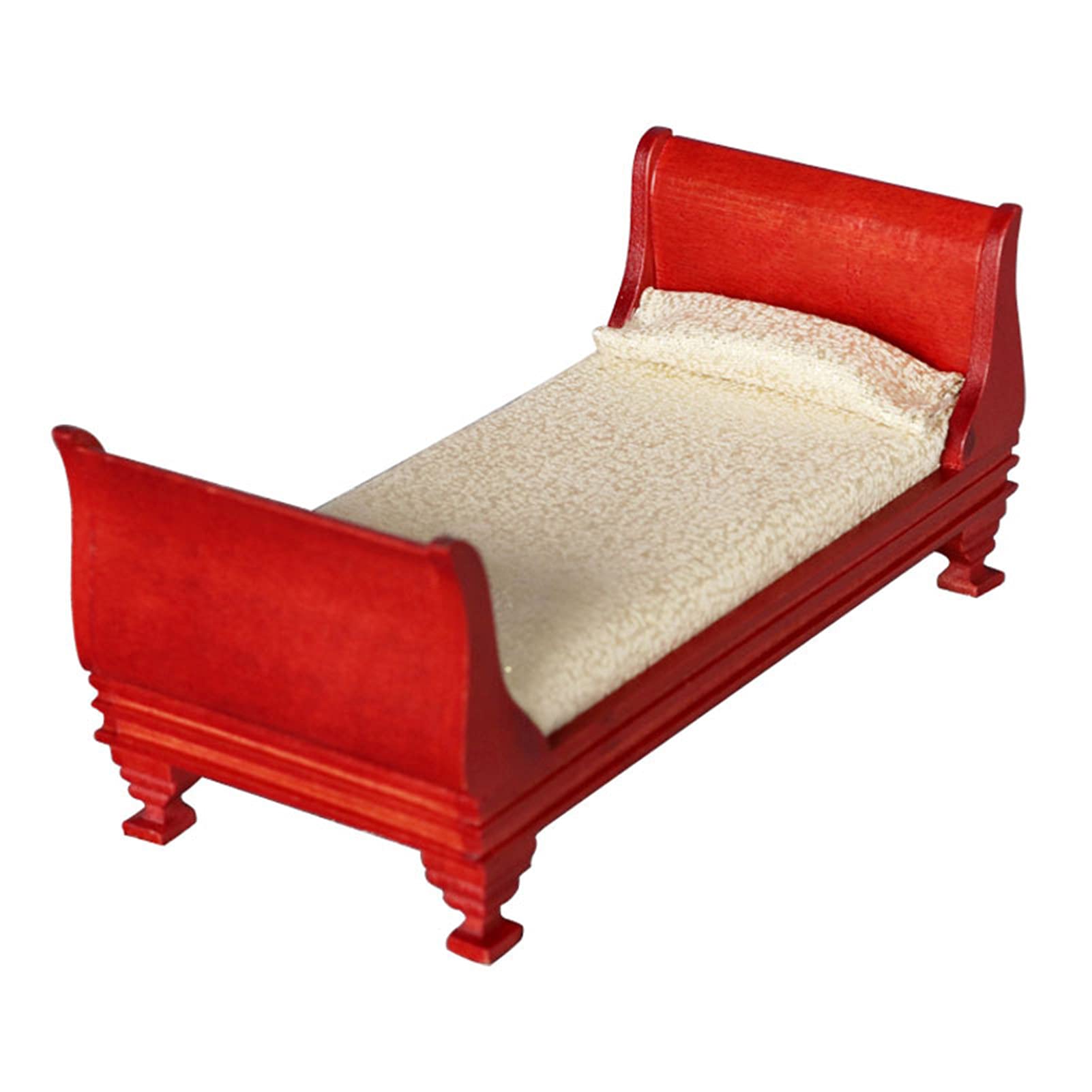 Vintage Wooden Dollhouse Miniature Single Bed - Pretend Play Toy, Doll House Furniture & Accessories for Kids - Perfect for Dollhouse Decor & Collectible Display (Red Wood)