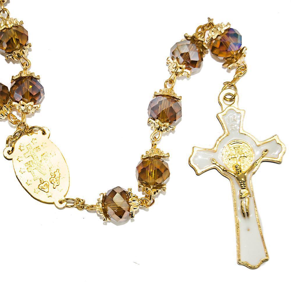 Brown Crystal Rosary Beads Necklace with Gold Plated Miraculous Medal - Catholic Prayer Jewelry for Worship, Meditation & Spiritual Gifts
