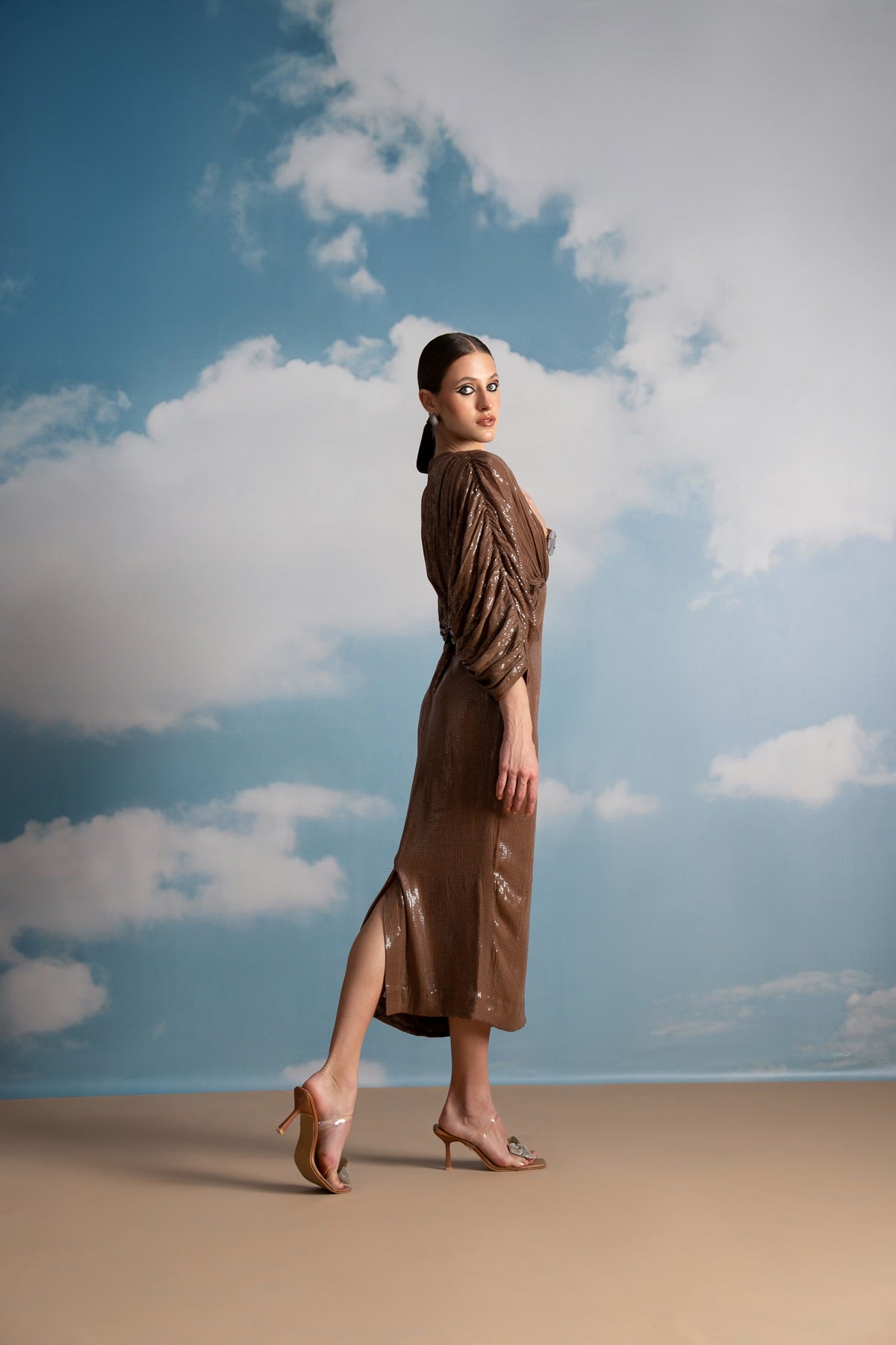Luxury Beige Sequin Kimono Dress for Women - Elegant Evening Gown for Parties, Weddings & Special Occasions
