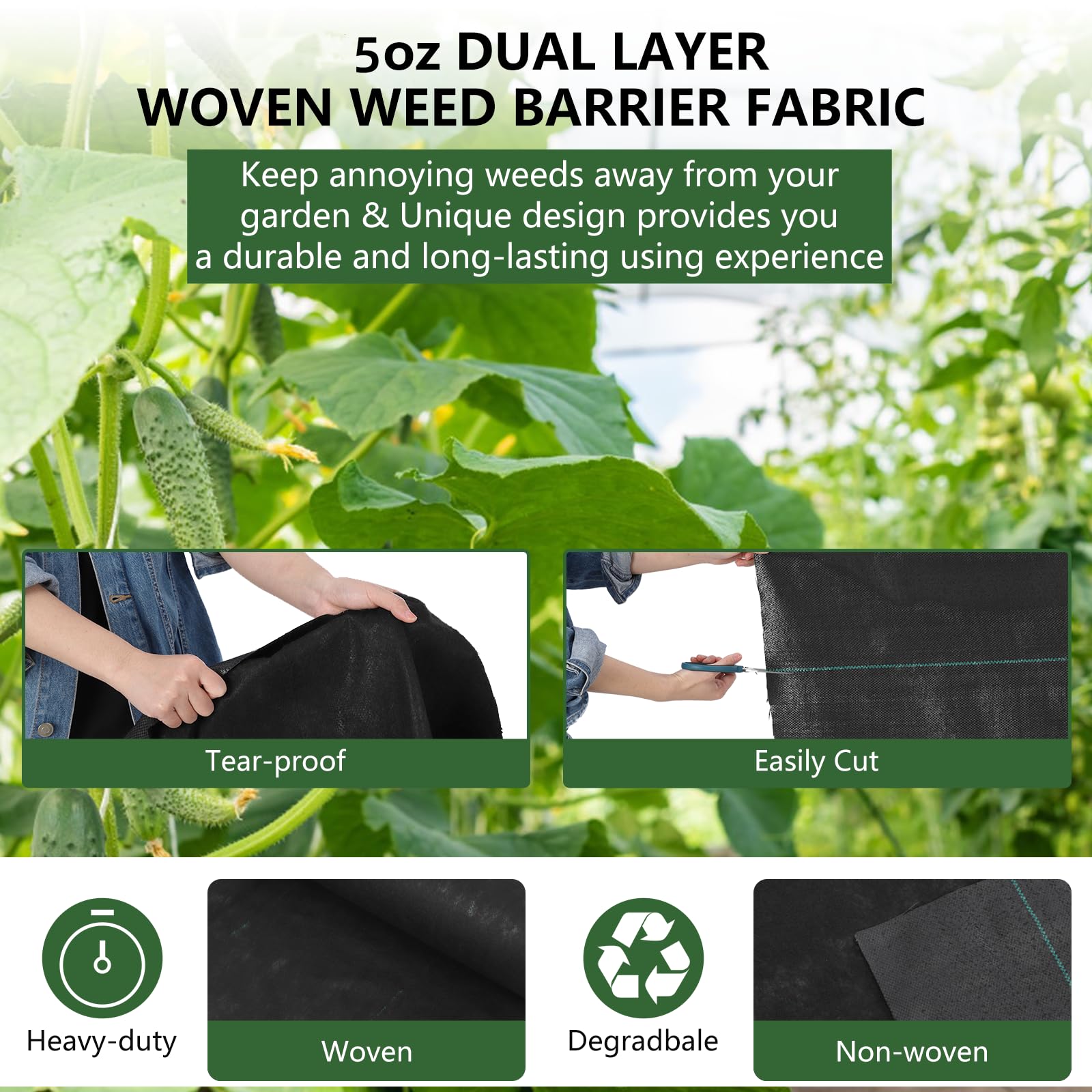 Broadfashion 5oz Woven Landscape Fabric - 5 x 300FT Double Layer Weed Barrier for Gardens | Heavy Duty Weed Control Ground Cover | Durable Gardening Mat for Beds, Landscaping & Outdoor Projects
