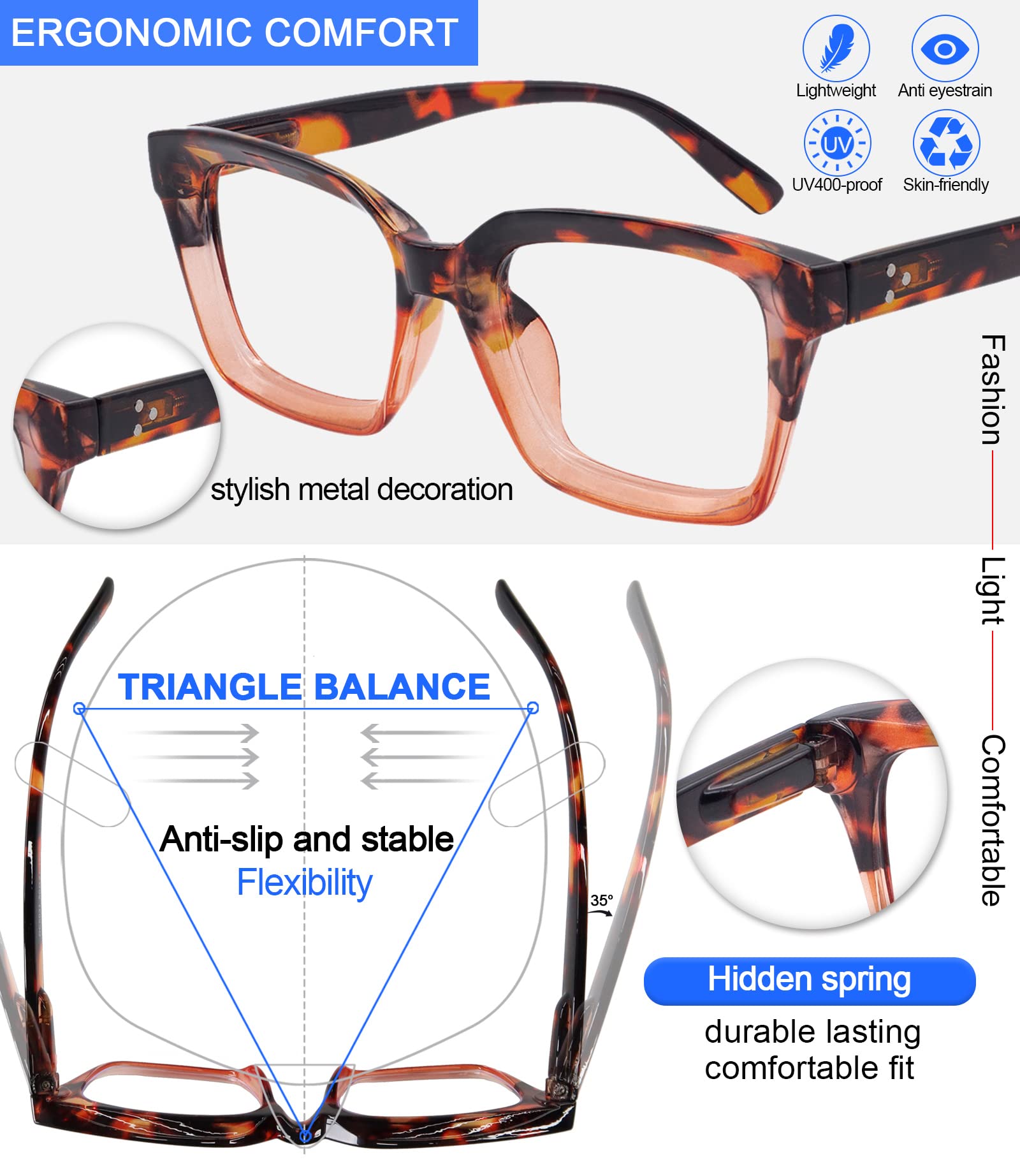 MARE AZZURO Blue Light Blocking Reading Glasses for Women - Anti Eyestrain Computer Glasses with 0-600 Magnification (Brown, +3.5) - Perfect for Office Work, Screen Time & Night Reading