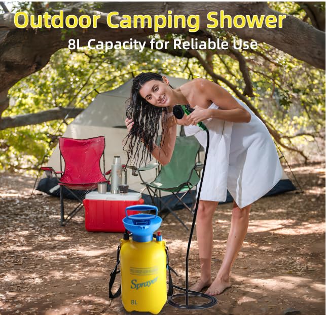 Portable Camping Shower with 7 Spray Modes - Hand Press Outdoor Shower with Removable Hose & Shower Head - Pressure Rinse Kit for Hiking, Travel, Beach, Garden & Pet Washing - Perfect for RV Trips, Backpacking & Outdoor Adventures