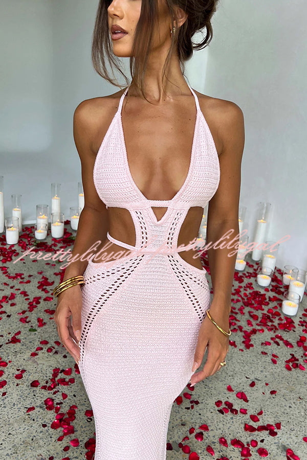 Sexy Knit Crochet Cutout Halter Tie-Up Stretch Maxi Dress for Women - Boho Chic Summer Beach Party & Date Night Outfit