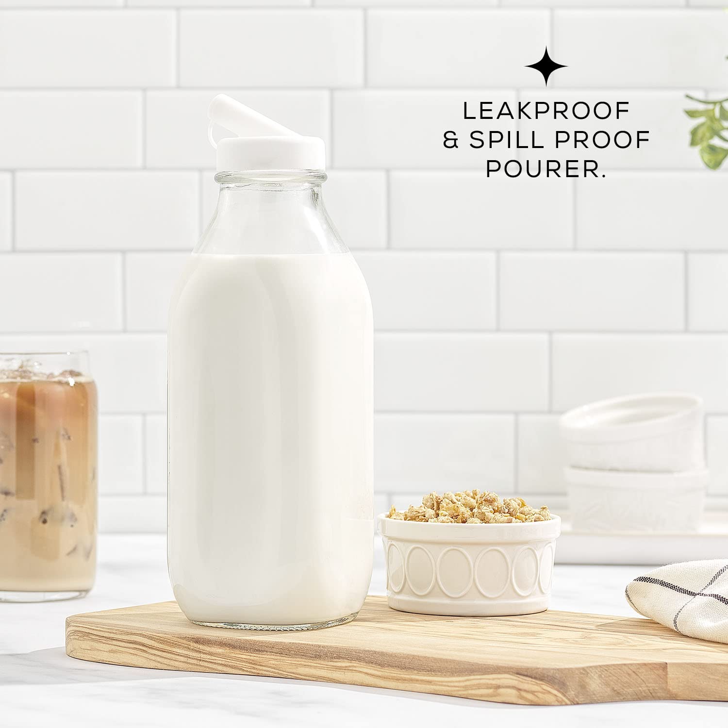 JoyJolt 32 Oz Glass Milk Bottles with Lids & Pourer - 3 Pack Airtight, Leakproof, BPA-Free Food Grade Pitcher | Reusable Heavy Duty Glass Jugs for Milk, Juice, Water | Dishwasher Safe for Kitchen, Restaurant, Camping & Meal Prep
