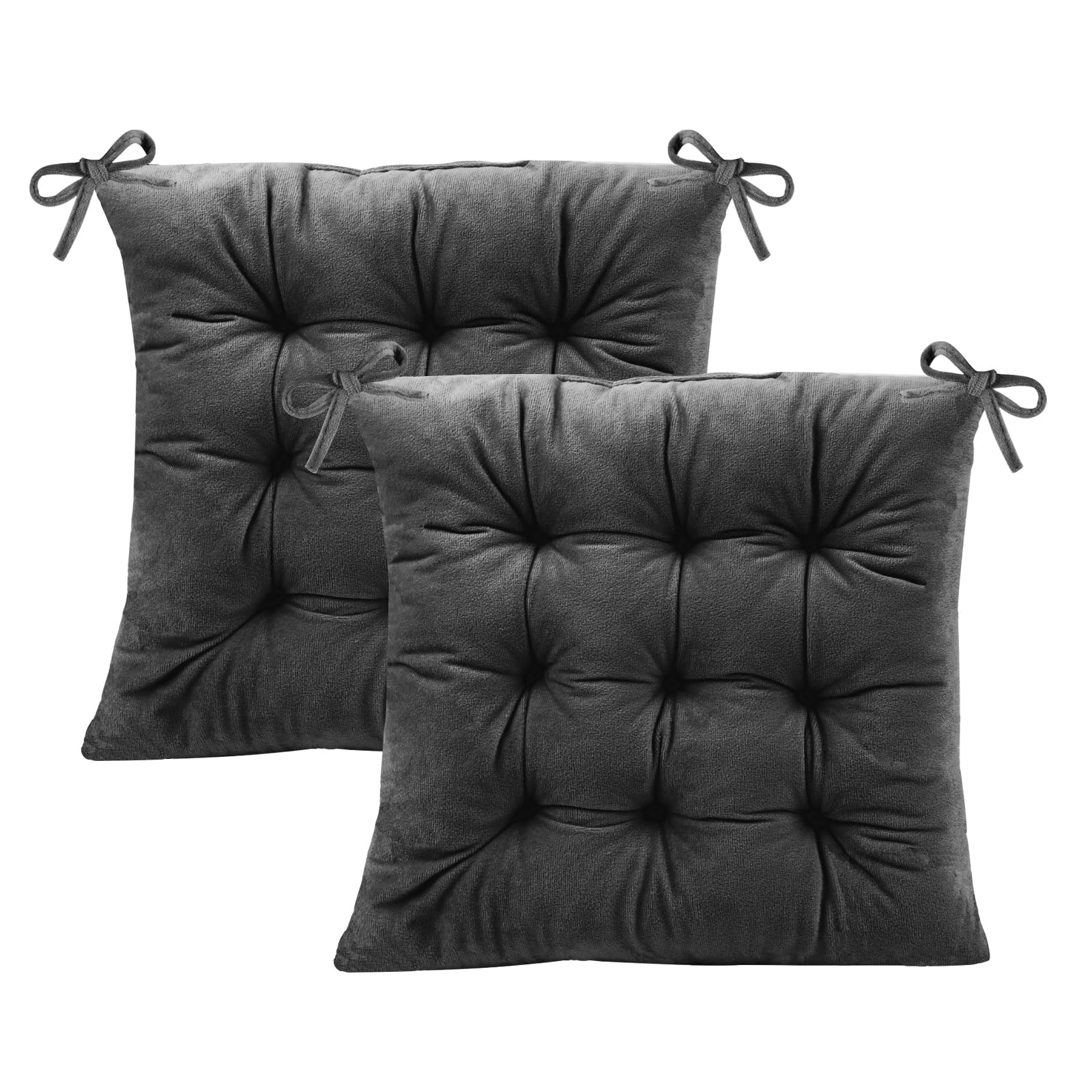 2 Pack Square Seat Cushions for Kitchen & Dining Chairs - Soft Velvet Chair Pads with Ties (15.5 Inch, Dark Gray) - Comfortable Office Desk & Living Room Chair Cushions for Home, Restaurant, and Cafe Use