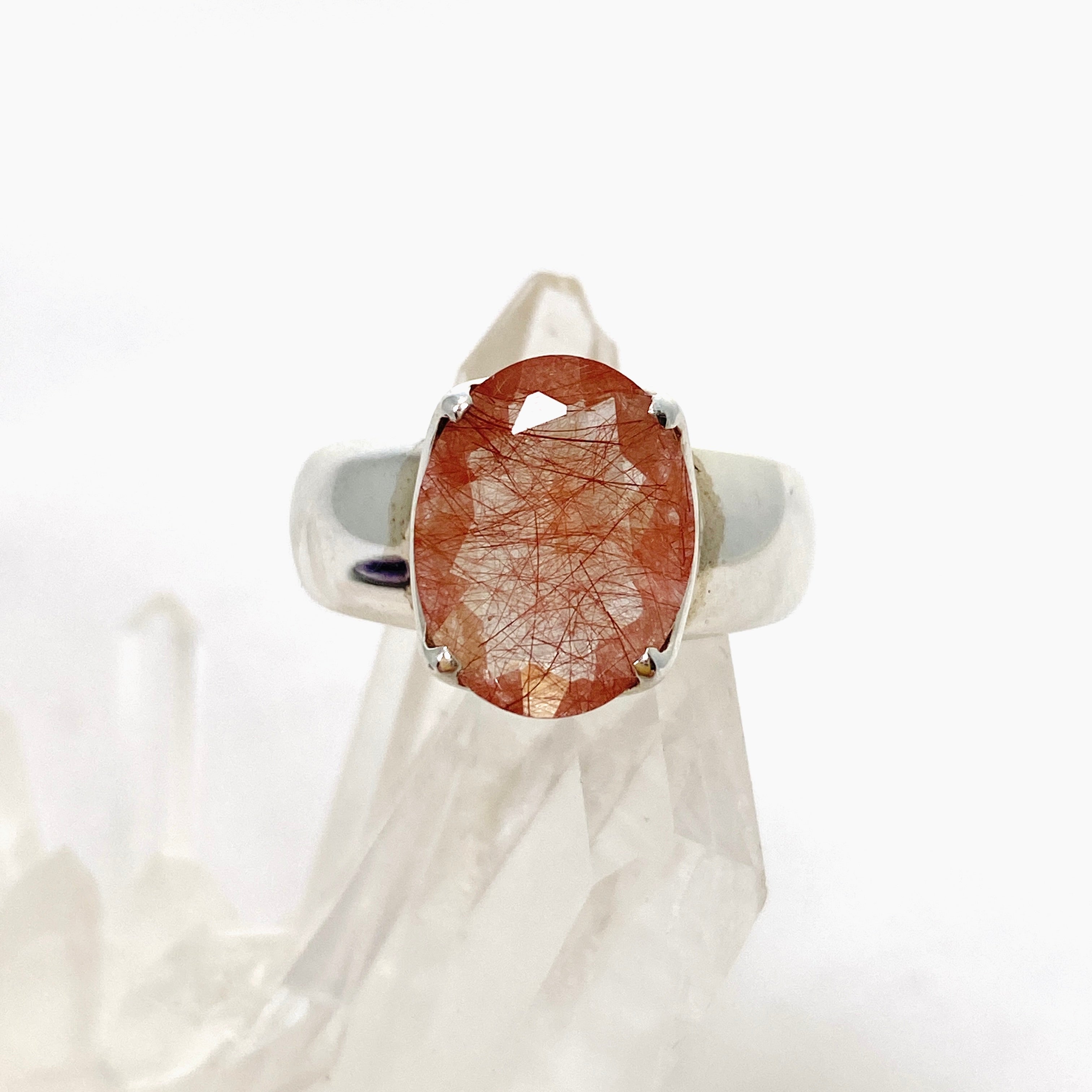 Natural Rutilated Quartz (Red) Oval Faceted Ring Size 6.5 - Handmade Sterling Silver Jewelry for Women, Gift for Her, Wedding, Anniversary & Special Occasions