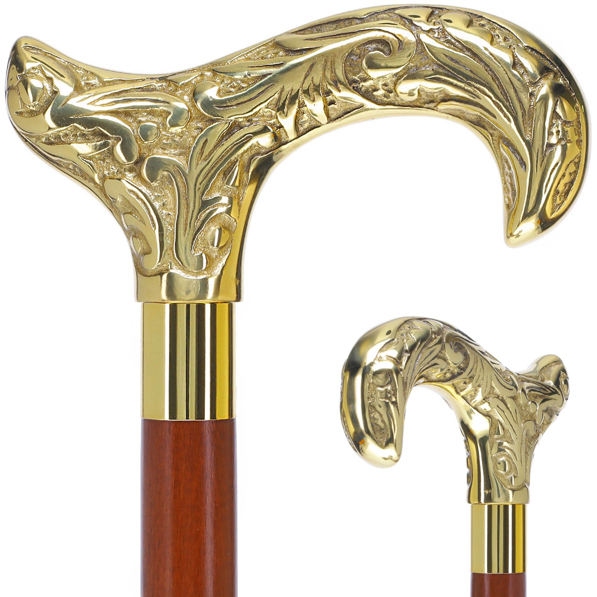 Premium Brass Derby Handle Walking Cane with Brown Beechwood Shaft & Gold Aluminum Collar - V2112 - Scratch & Dent Discount - Ideal for Seniors, Hiking & Fashion Accessories