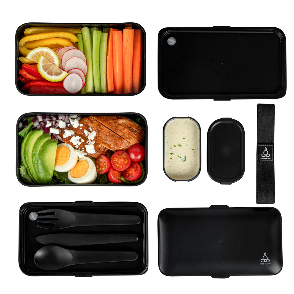 Bento Tek 41 oz Black Buddha Box - All-in-One Lunch Container with Utensils & Sauce Cup (7.25