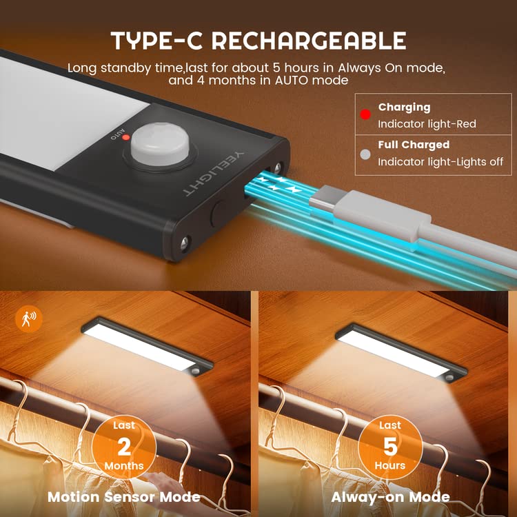Yeelight Wireless Under Cabinet Lights with Motion Sensor - 71 LED Rechargeable Dimmable Closet Lighting (15.74 Inch, Magnetic Stick-On) - Perfect for Closet, Wardrobe, Stairs & Kitchen Cabinets - Cold White Lighting for Home & Office Use
