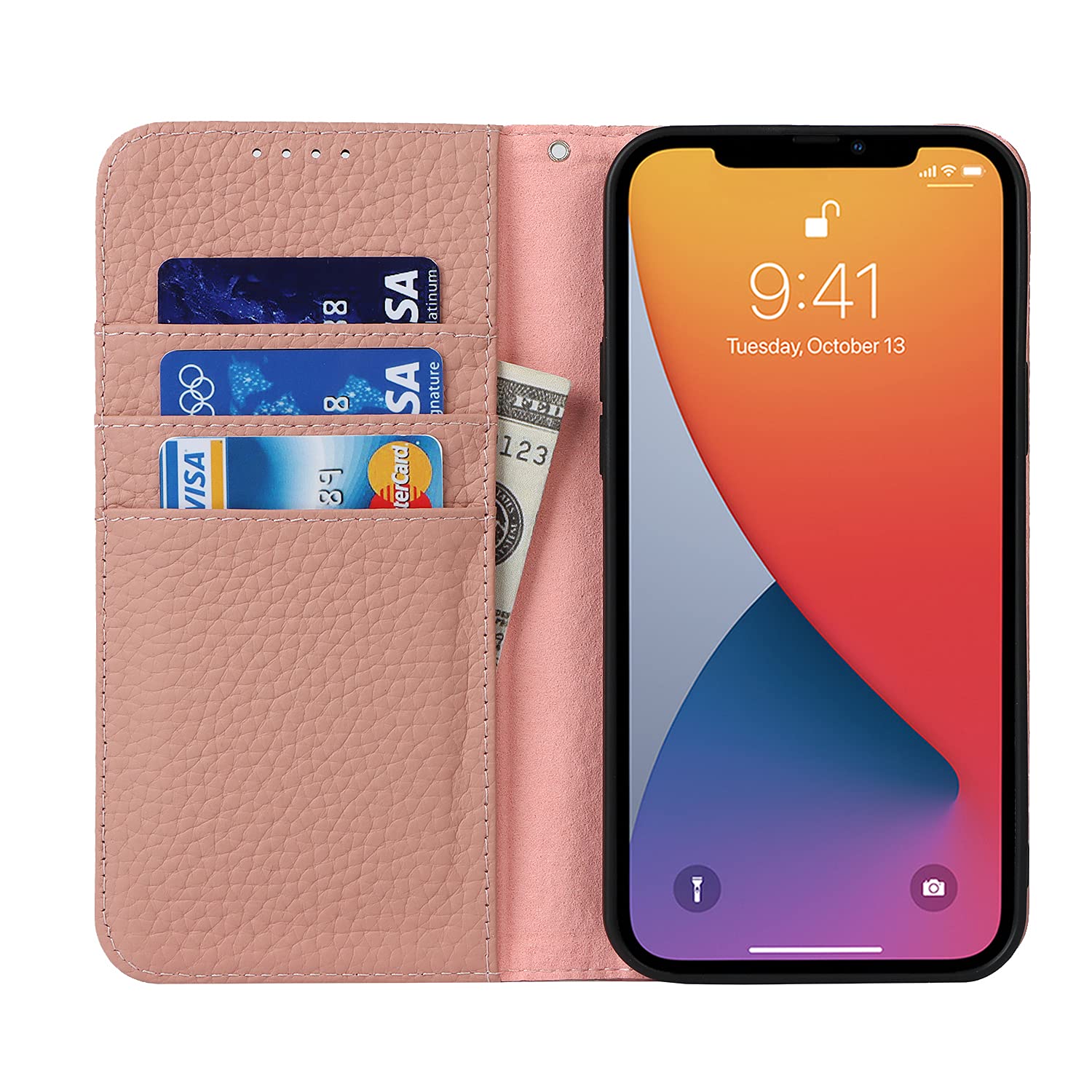 Luxury Litchi Grain Genuine Leather Wallet Case for iPhone 13 Pro Max with Card Holder, Wrist Strap & Kickstand - Folio Flip Phone Cover for Women (Pink) | Perfect for Business, Travel & Everyday Use