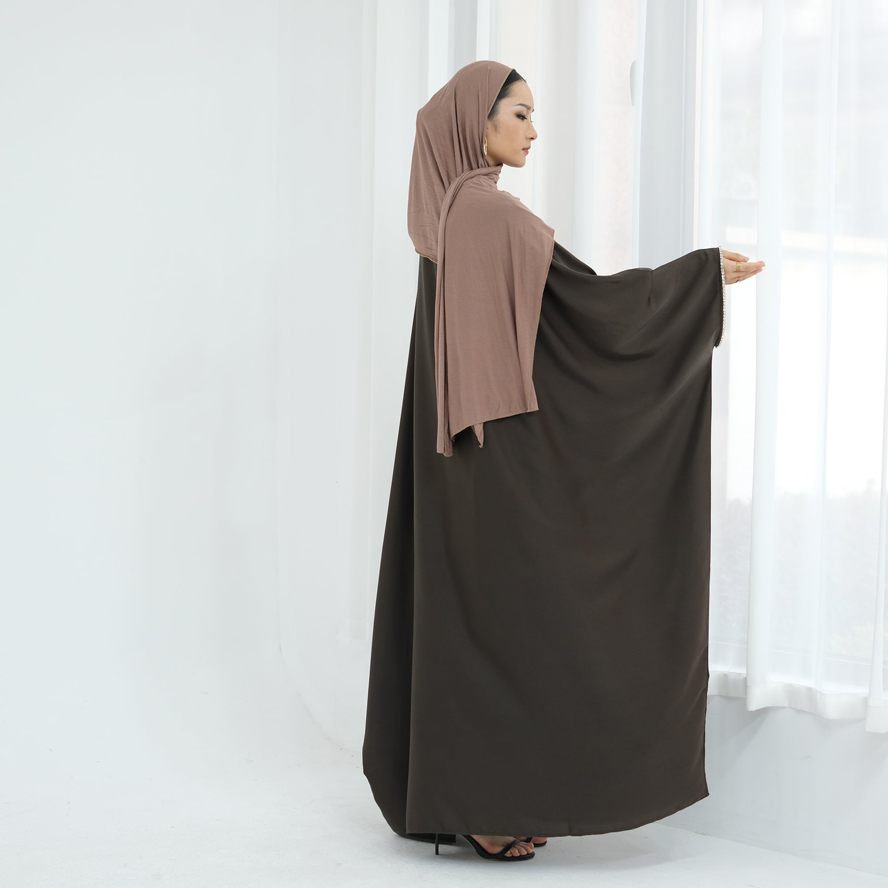 Davina Butterfly Satin Abaya Coffee - Elegant Muslim Prayer Dress for Women, Modest Long Sleeve Kaftan for Special Occasions & Daily Wear