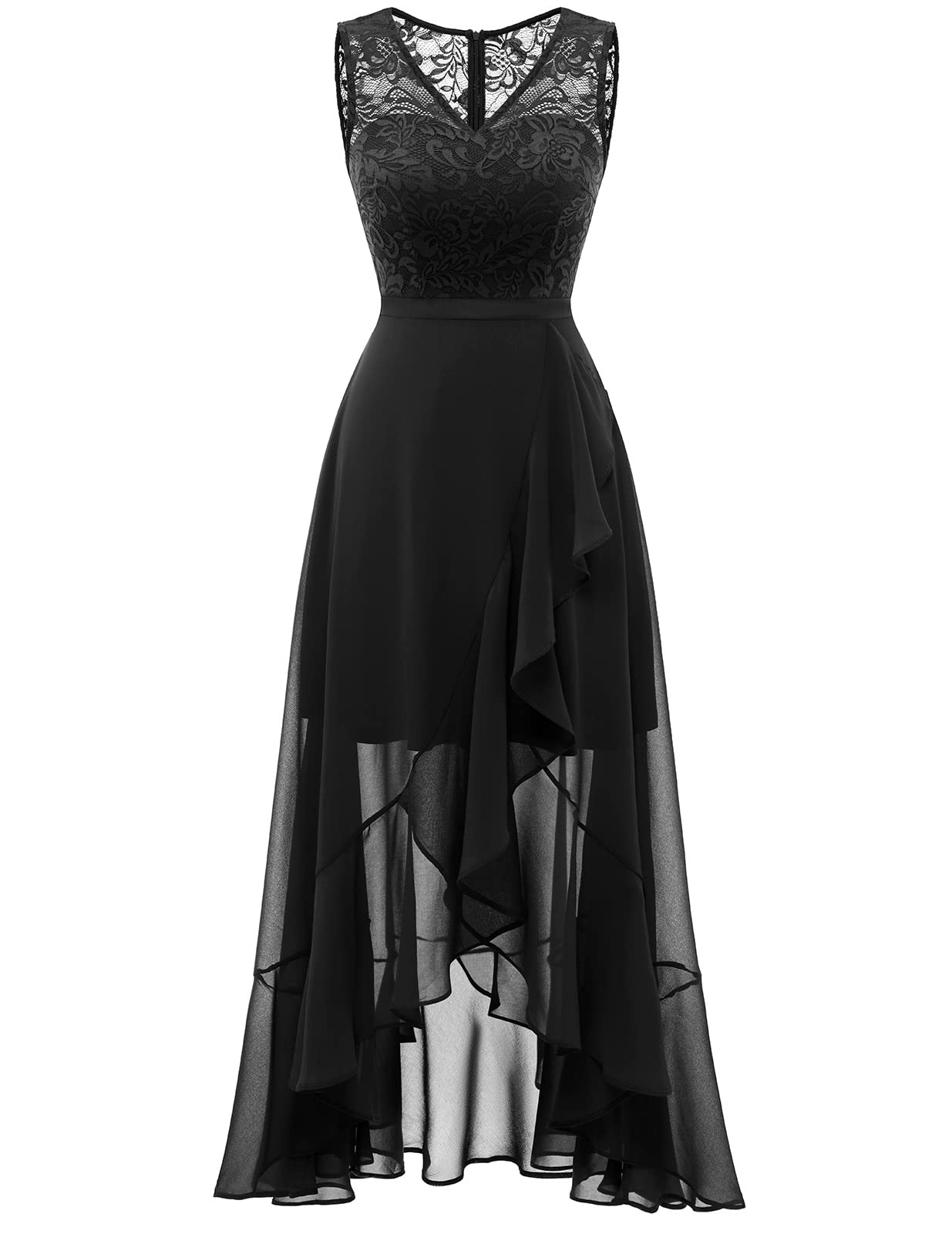 Elegant Long Lace Chiffon Wedding Guest Dress for Women - A-line Formal Bridesmaid Dress with Ruffle Asymmetrical Hem | Perfect for Weddings, Parties, and Special Occasions