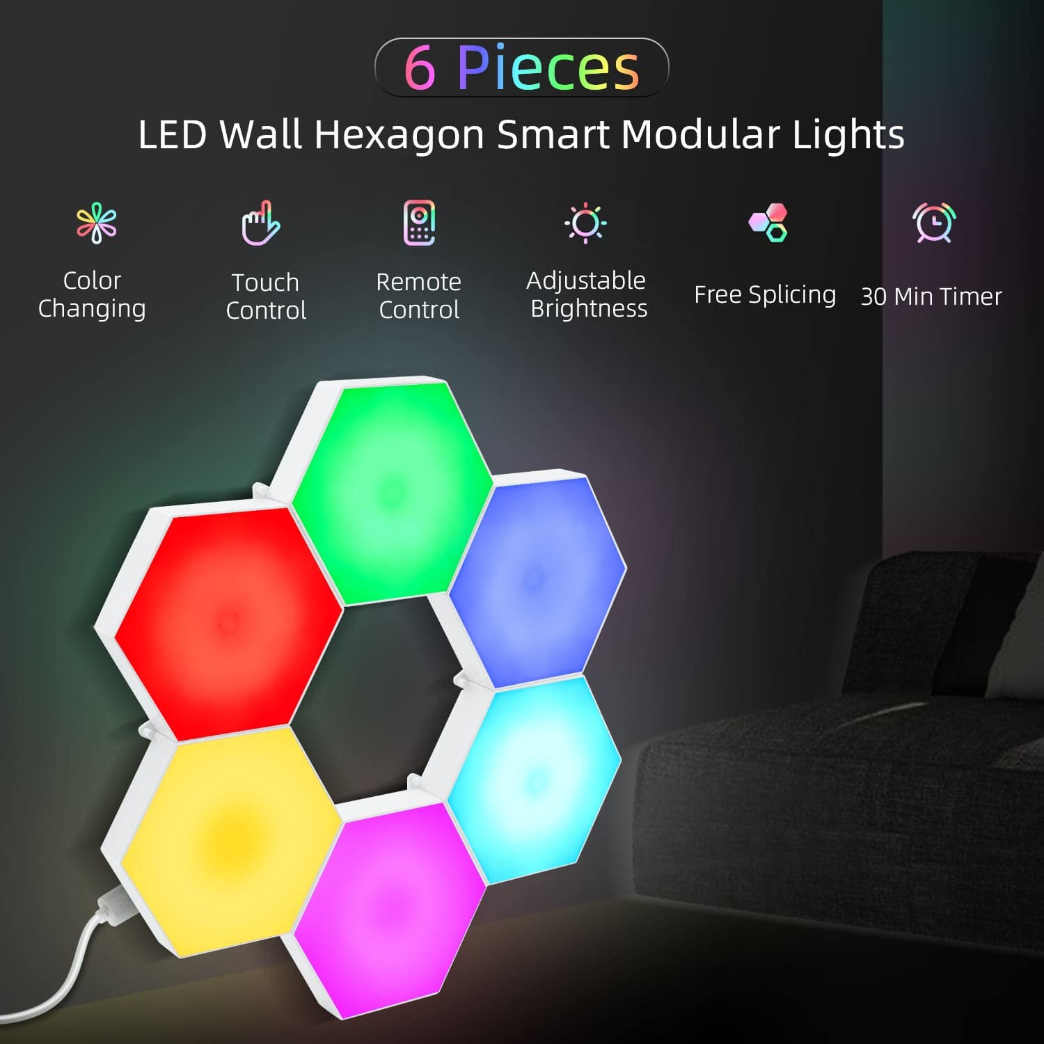 Mcbazel 6-Pack Hexagon RGB LED Panel Lights with Remote Control - Smart Wall Light for Gaming Setup, Home Bar, Party & Wall Decoration | Dimmable Mood Lighting for Bedroom, Living Room & Office