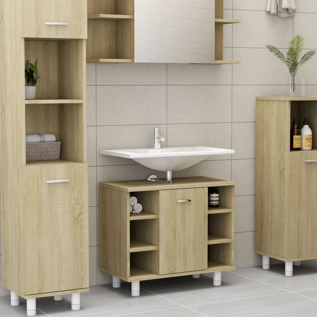 Freestanding Bathroom Vanity Storage Cabinet with Door & Open Shelves - Modern Oak Under Sink Organizer (23.6