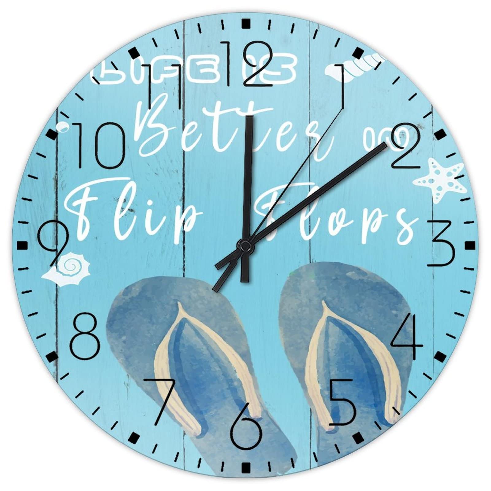 12 Inch Wooden Hanging Wall Clock - Battery Operated Silent Non-Ticking Rustic Beach Decor with Starfish & Shell Design - Perfect for Bathroom, Living Room, Bedroom, Office & Coastal Home Decor
