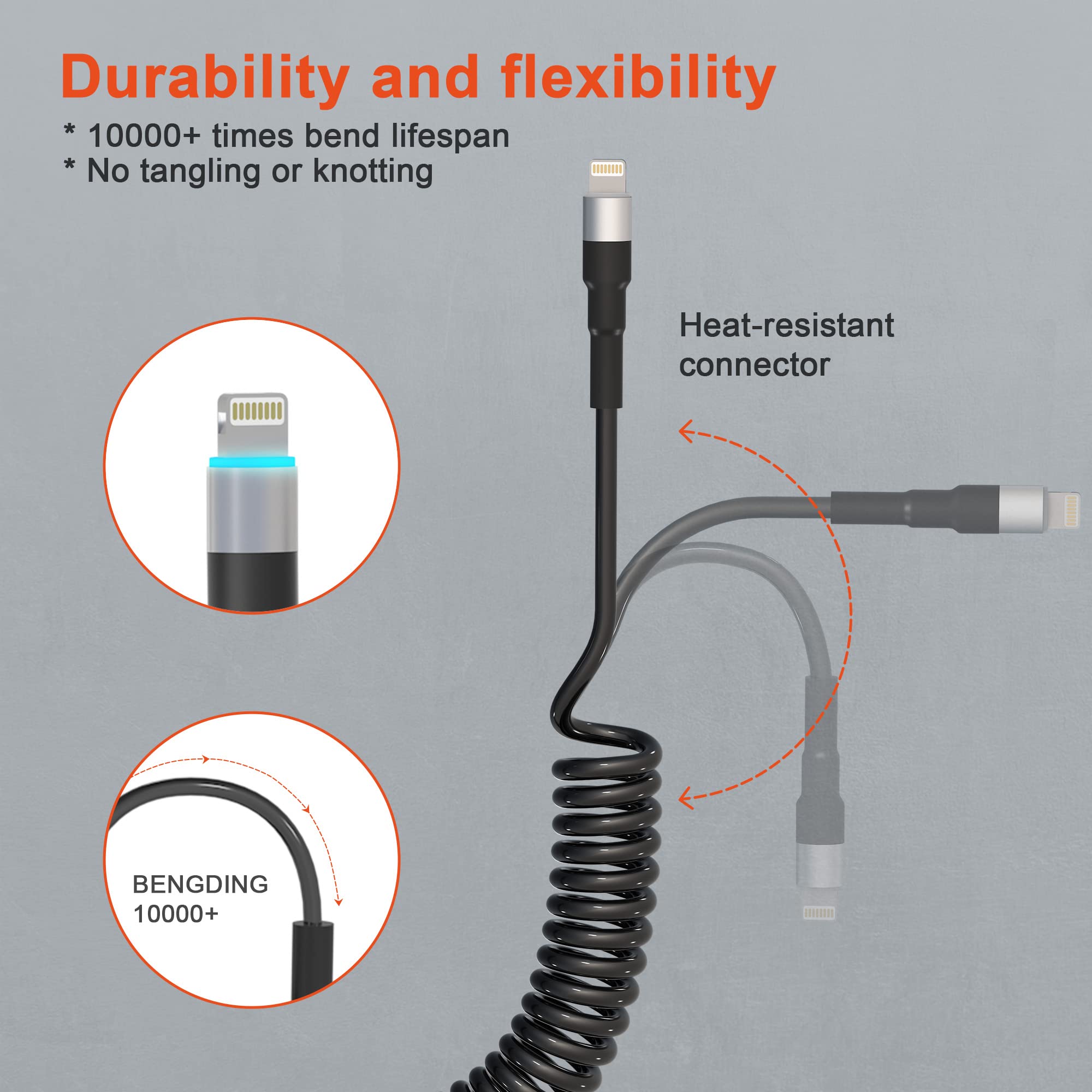 Apple MFi Certified Coiled Lightning Cable - USB to Lightning Retractable Charger Cord with LED & Fast Data Sync for iPhone, iPad, iPod - Perfect for CarPlay, Home & Office Charging
