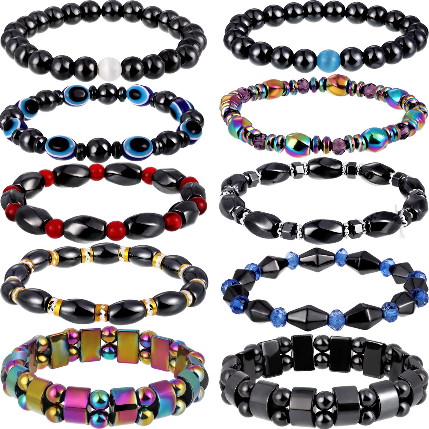 Hicarer 10-Pack Magnetic Hematite Bracelets for Men & Women - Natural Stone Beaded Bracelet Set with 10 Stylish Designs | Pain Relief, Stress Relief & Energy Balancing Jewelry for Daily Wear & Gifting