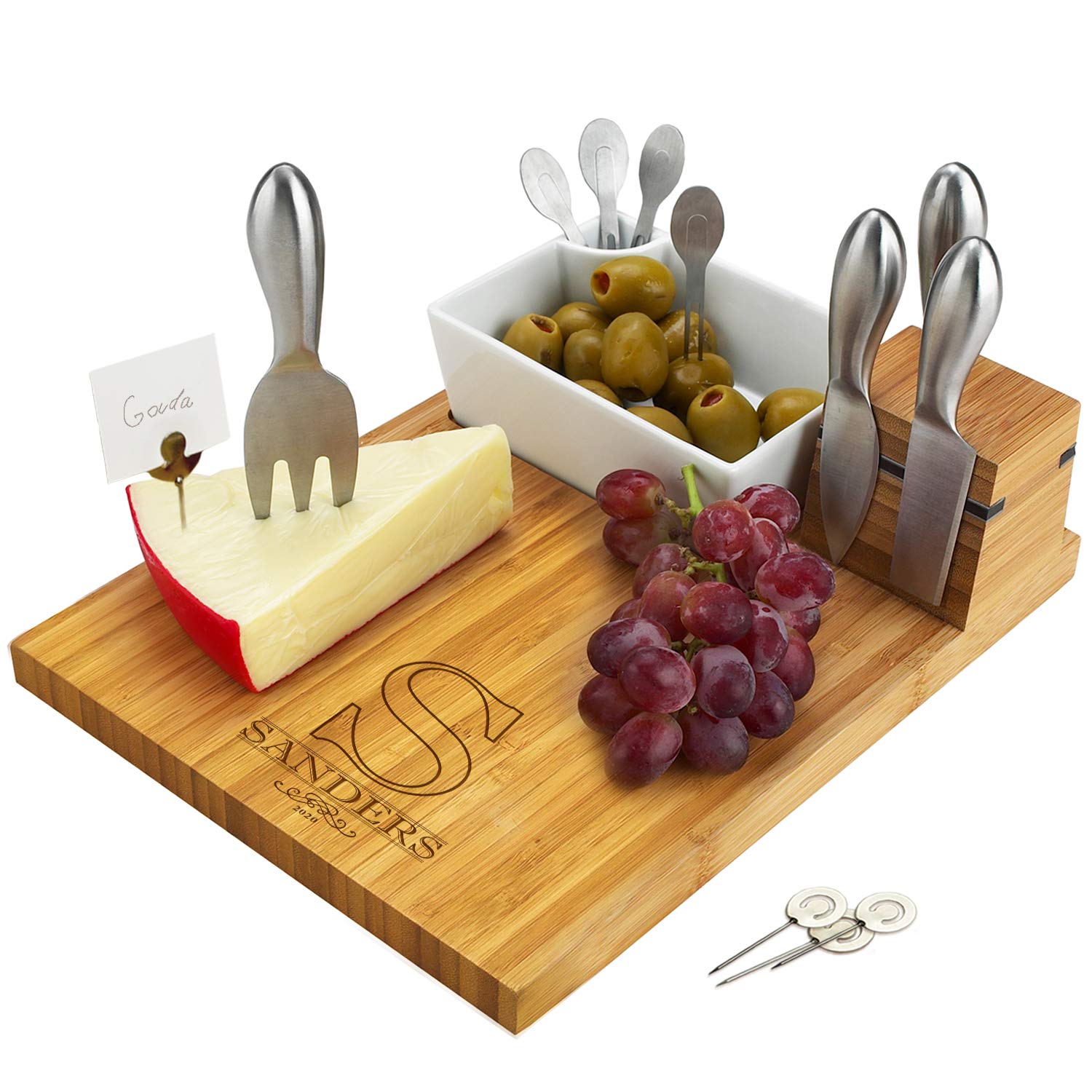 Personalized Engraved Bamboo Cheese Board Set with Ceramic Dish, Knives & Accessories - Custom Wedding, Housewarming Gift for Cheese Lovers - Perfect for Charcuterie Platters, Wine Parties & Entertaining