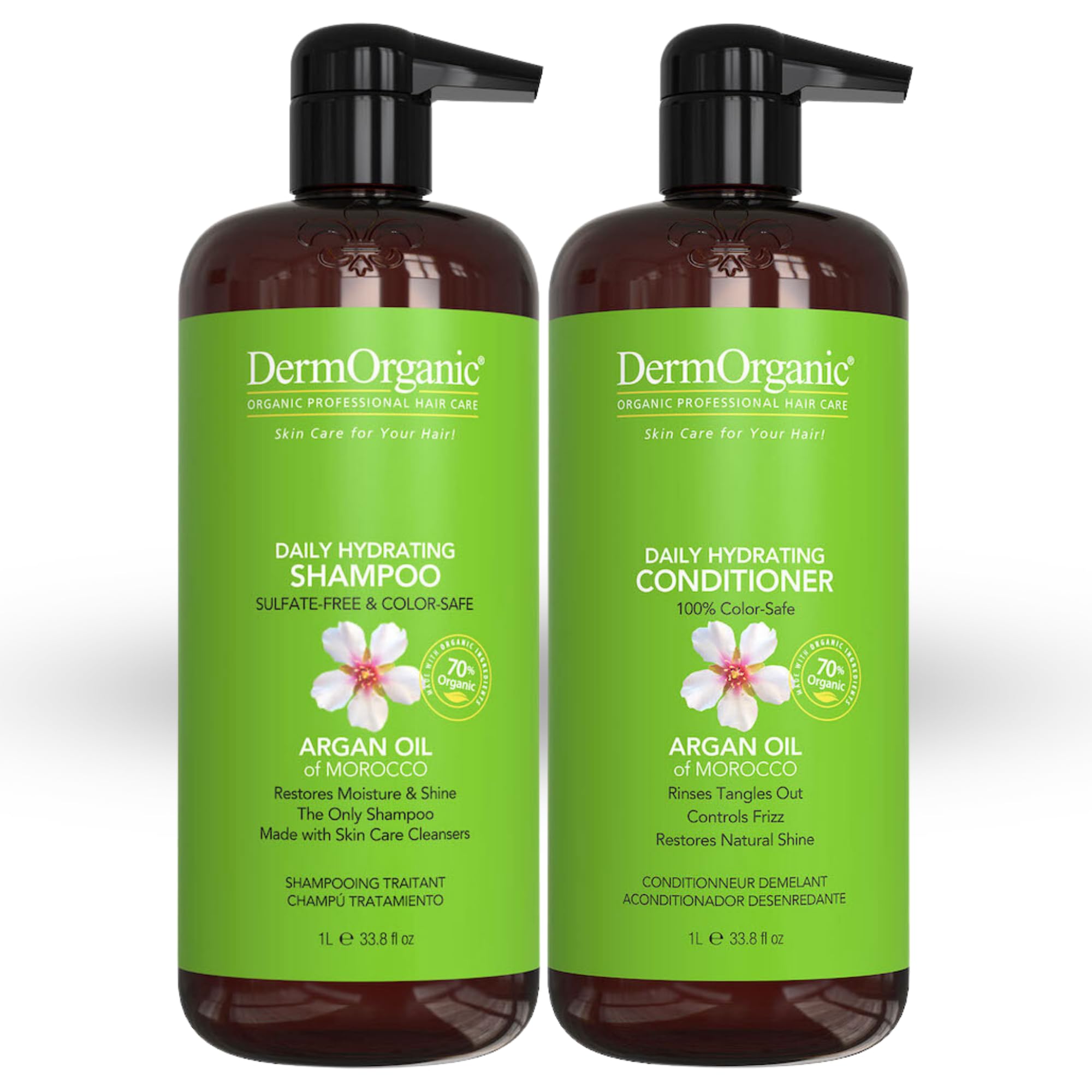 DermOrganic Argan Oil Daily Hydrating Shampoo & Conditioner Set - Sulfate-Free, Color Safe, 33.8 oz for Dry, Damaged Hair - Perfect for Daily Use & Salon-Quality Results at Home
