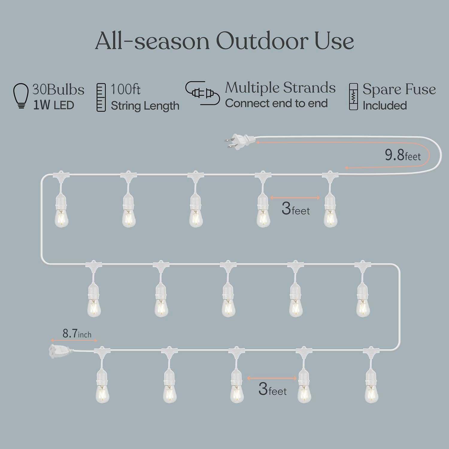 100FT LED Outdoor String Lights - 32 Dimmable Shatterproof 1W Bulbs, White Waterproof Patio Lights for Wedding, Pergola, Gazebo, Bistro - Perfect for Backyard, Garden, and Outdoor Party Decorations