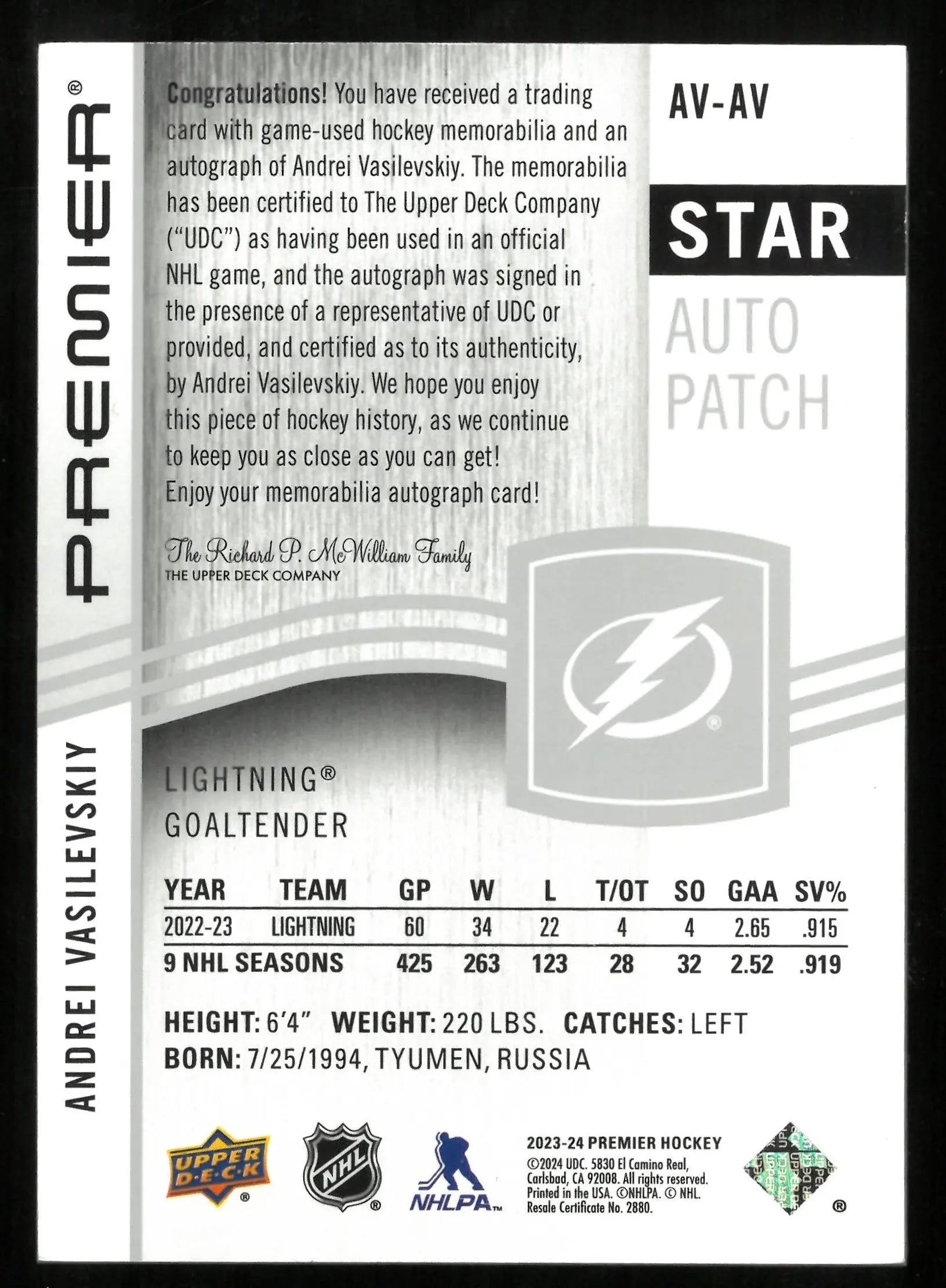 2023-24 Upper Deck Premier Hockey Andrei Vasilevskiy Star Autographed Patch Card #/15 - Rare Collectible for NHL Fans & Sports Memorabilia Enthusiasts
