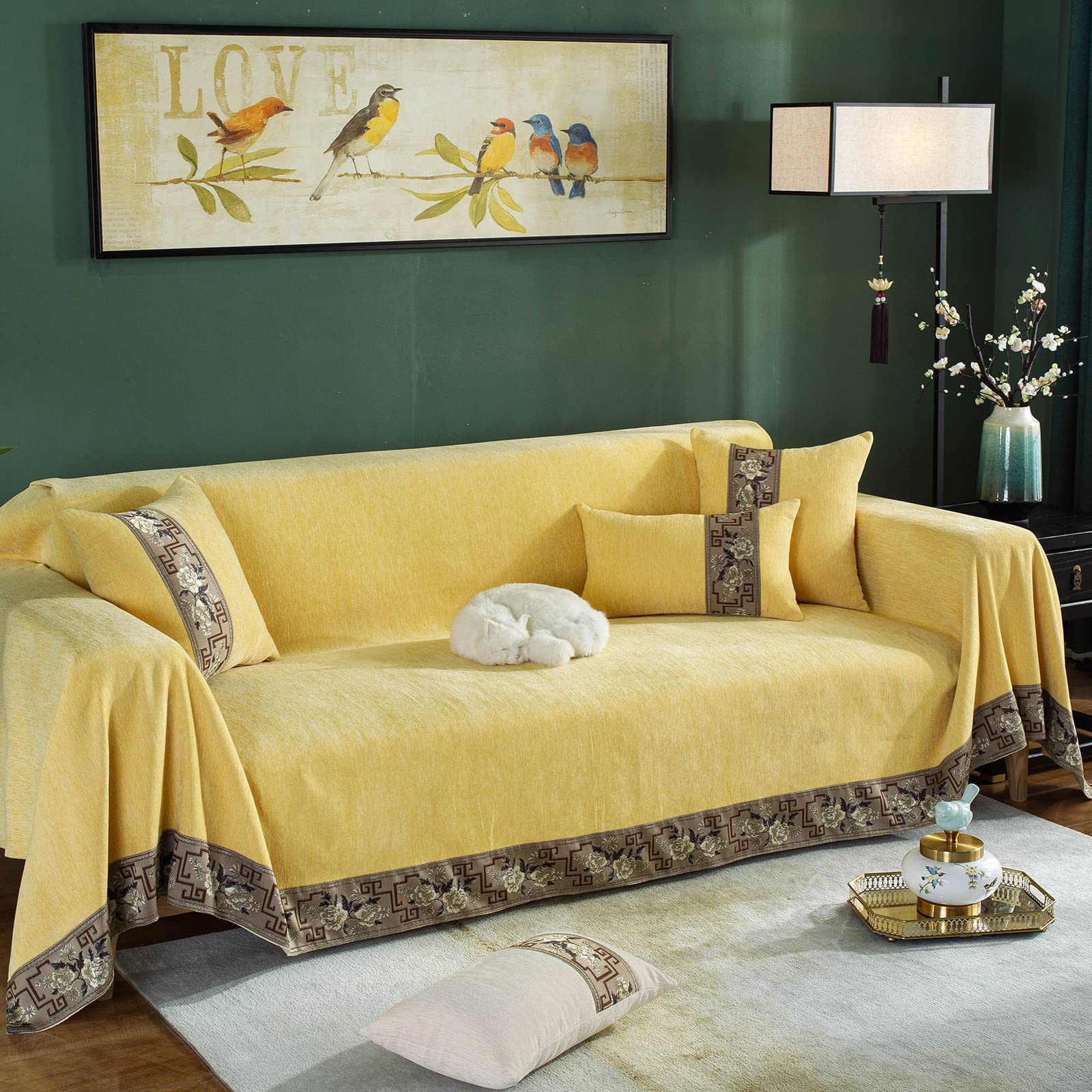 DREAMINGO Chenille Sofa Cover for 3 Cushion Couch - Solid Yellow Stretchable Furniture Protector for Pets, Universal Fit for Sectional & L-Shaped Couches (71