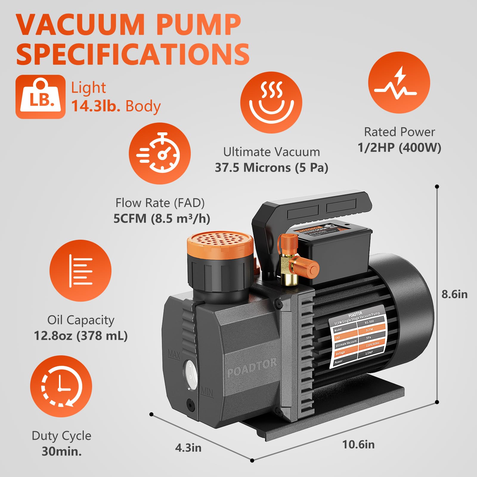 5CFM 1-Stage HVAC Vacuum Pump - 1/2HP 38 Micron 110V AC Vacuum Pump Kit for R12 R22 R134a R410a Refrigerant - Professional HVAC & Auto AC Recharging, Cow Milking, Oil Included - Ideal for AC Repair, Refrigerant Recovery, and Dairy Farm Equipment Maintenance