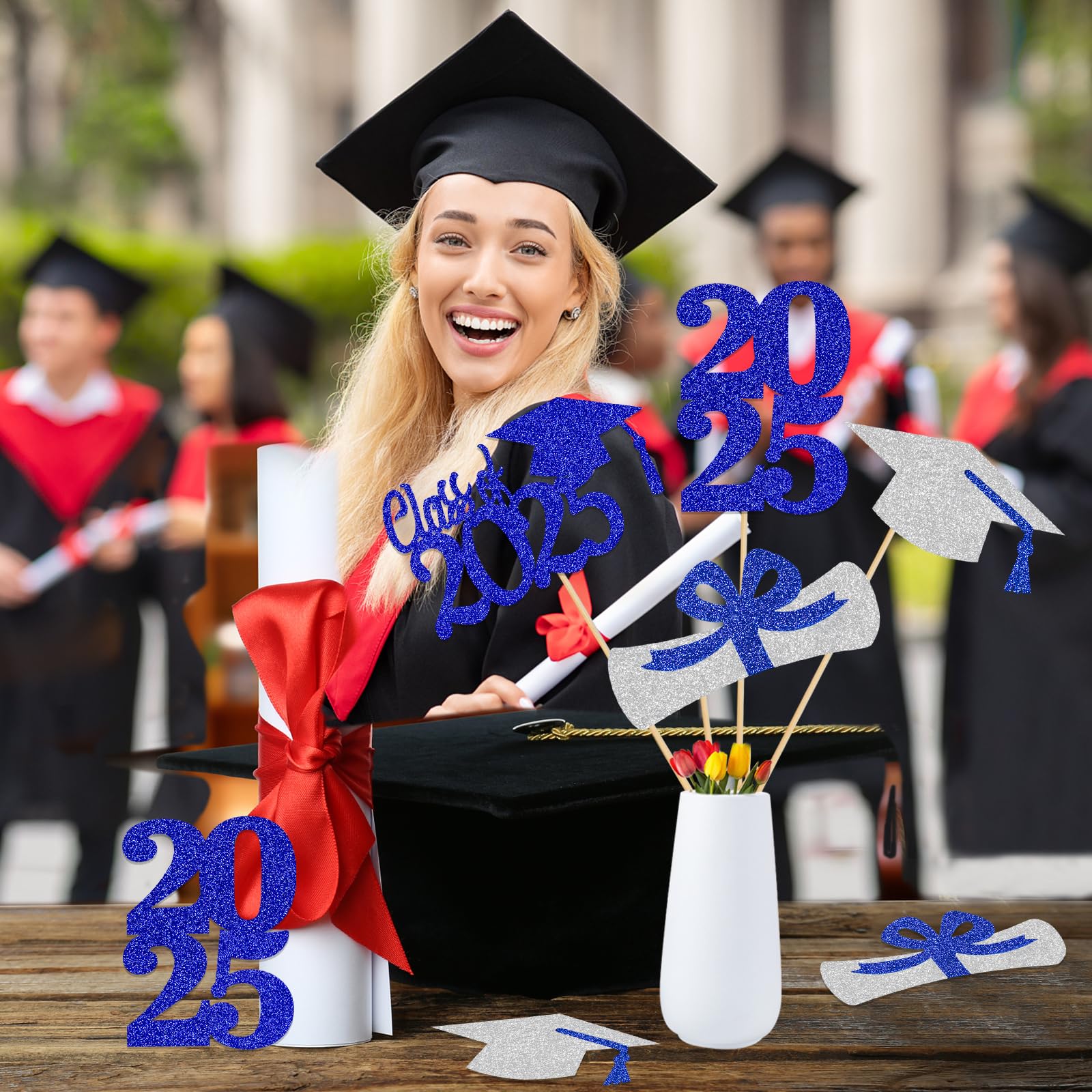 24-Piece Blue and Silver 2025 Graduation Centerpiece Sticks - Elegant Table Decor for Graduation Parties, Class of 2025 Celebrations, Commencement Ceremonies, and Graduation Banquets