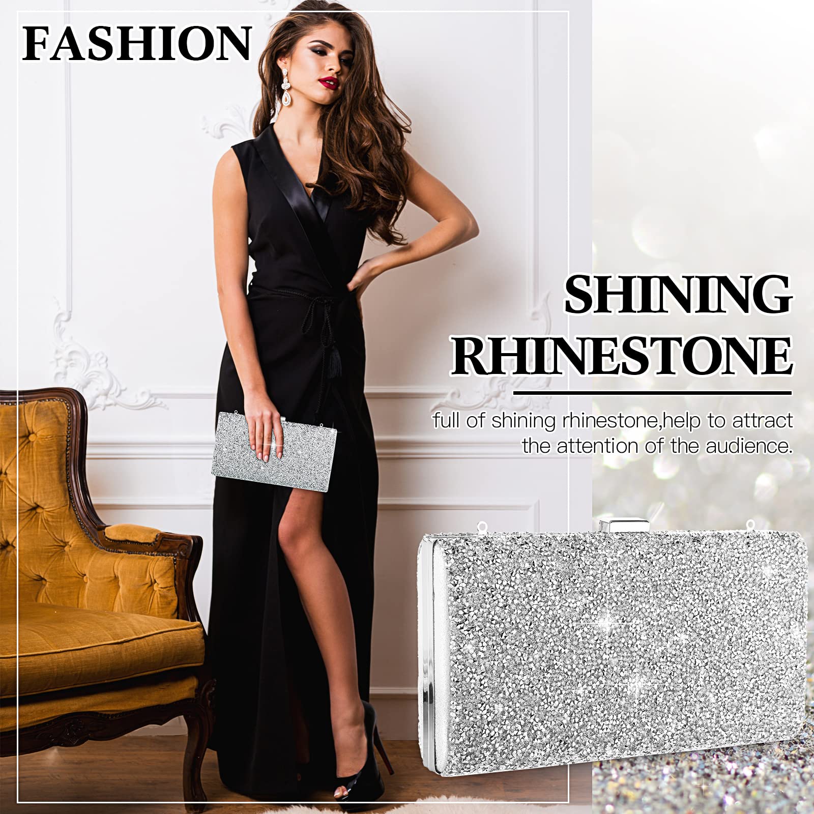 Sparkling Rhinestone Evening Clutch Purse for Women - Double Sided Glitter Handbag with Chain Strap, Crossbody & Shoulder Bag for Wedding, Party, Prom, Date Night & Special Occasions