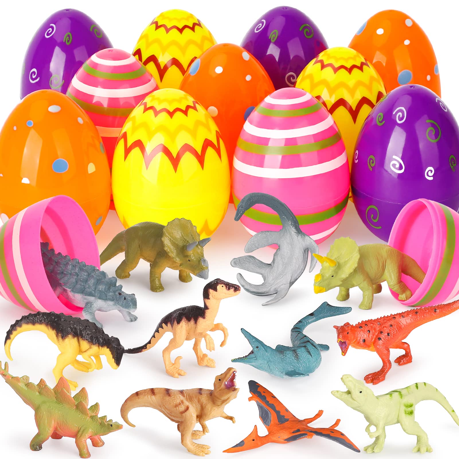 12 Dinosaur Toy Figures Inside Easter Eggs - Colorful Easter Basket Stuffers & Party Favors for Kids - Perfect for Egg Hunts, Cake Decorations & Easter Gift Giving