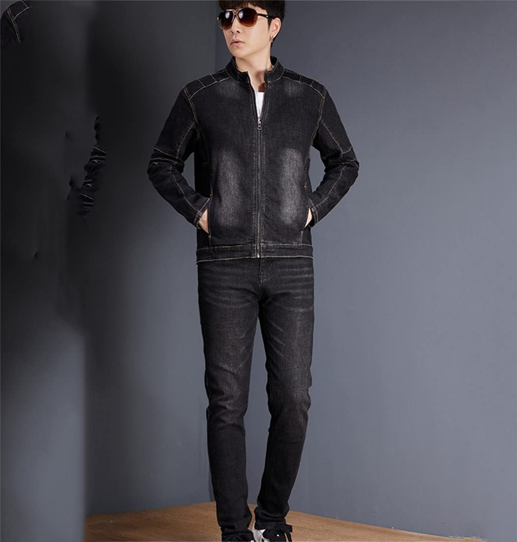 Men's Slim Fit Denim Jacket & Jeans Two-Piece Set - Stand Collar Cowboy Style for Spring & Autumn | Casual Work Wear, Western Outfit for Daily Wear & Outdoor Activities