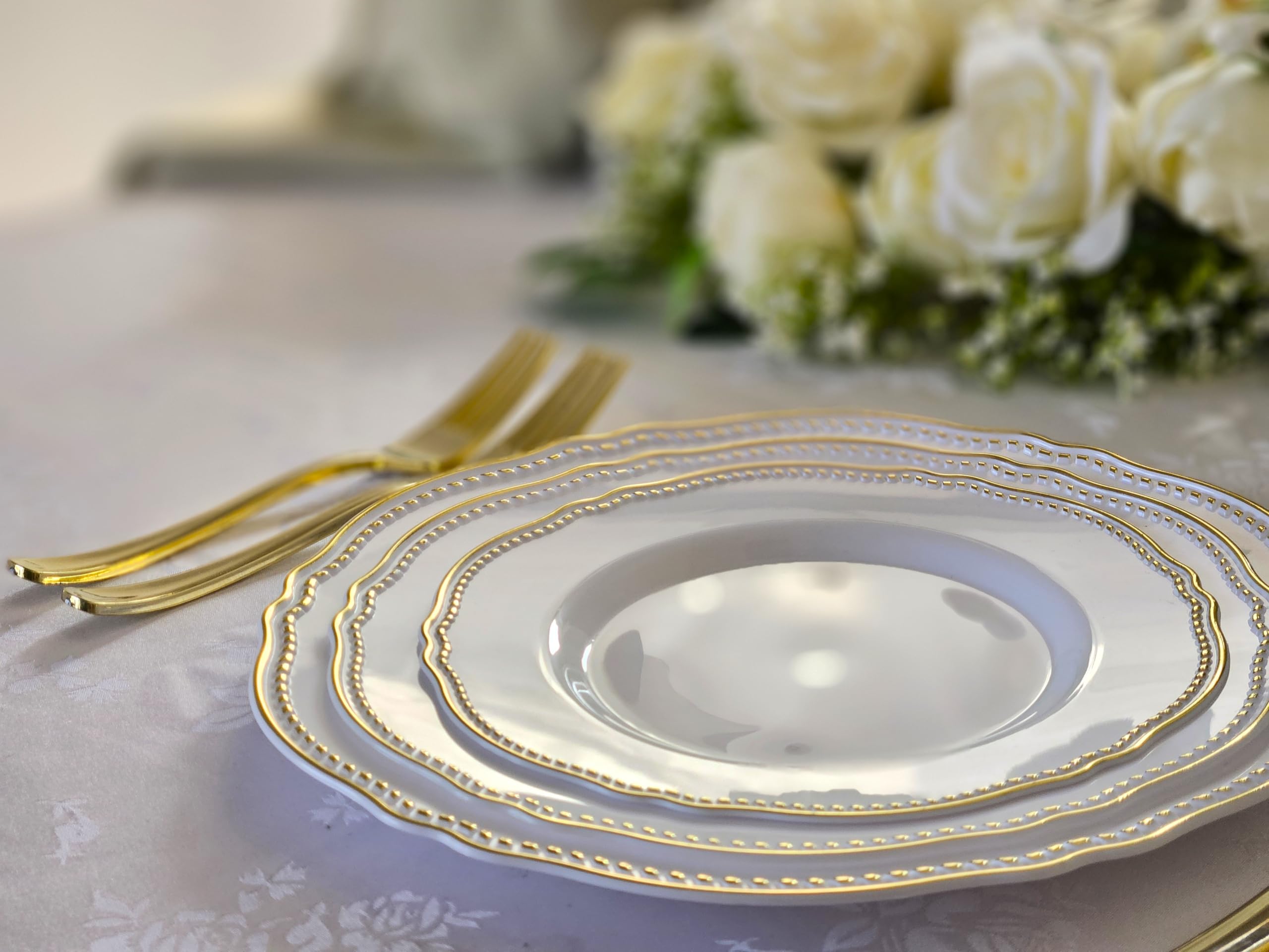 240-Pack Heavyweight Premium Disposable Plastic Plates Set - 120 x 10.25'' Dinner Plates & 120 x 7.5'' Salad/Dessert Plates (Rochelle Blue and Gold) for Parties, Weddings, and Events