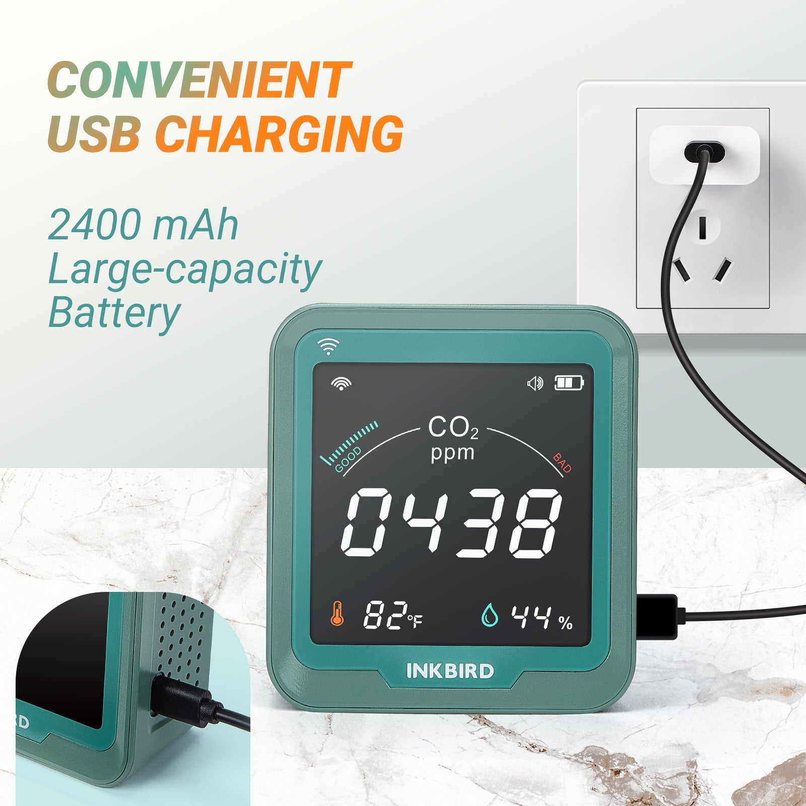 Wireless 3-in-1 CO2 Detector with Ink Indicator - Portable Air Quality Monitor for Home, Office & Baby Room Safety