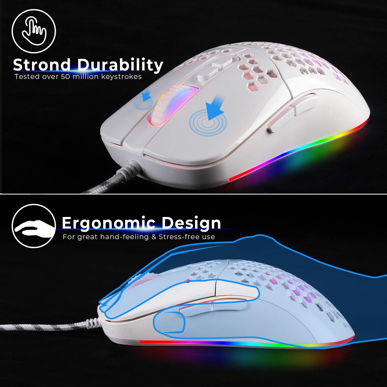 Premium USB C Mouse - Lightweight Wired Gaming Mouse with 7200 DPI for MacBook Pro, Chromebook, Laptop, PC | Ergonomic Design for Office Work, Gaming & Travel (White)