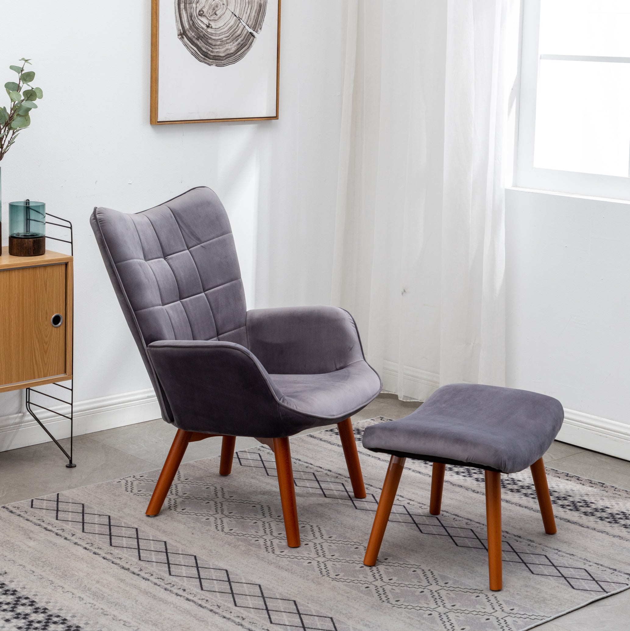 Roundhill Furniture Leiria Contemporary Silky Velvet Tufted Accent Chair with Ottoman in Gray - Modern Living Room Seating for Home Office & Lounge Decor