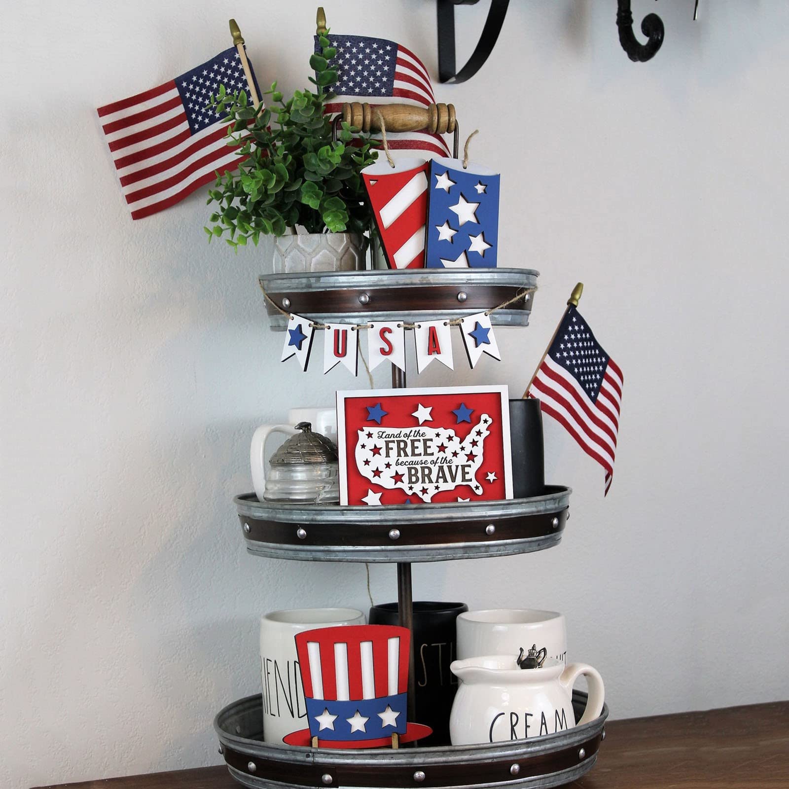 Patriotic Tiered Tray Decor Set - Rustic Wooden Tray Decorations for Coffee Bar, Kitchen Counter, Dining Table | Farmhouse Style Cupcake Stand & Home Table Centerpiece | Perfect for 4th of July, Memorial Day & Christmas Decor