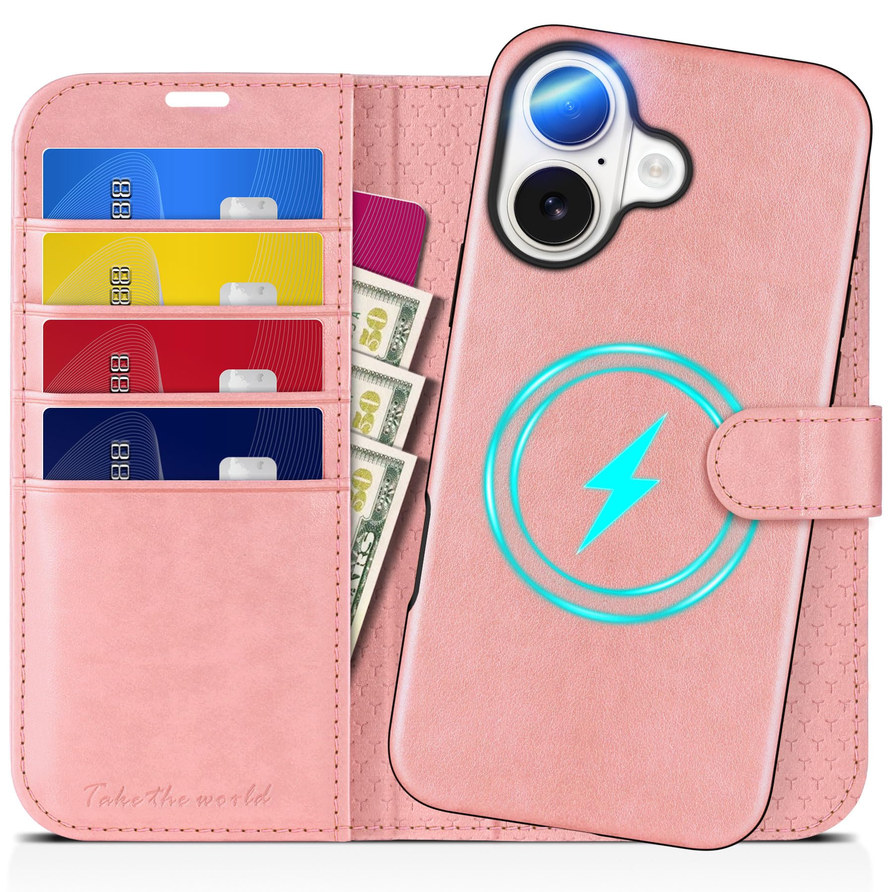 Premium TUCCH 2-in-1 Magnetic Wallet Case for iPhone 16 - Detachable PU Leather Folio with Wireless Charging, RFID Blocking & 4 Card Slots (Rose Gold) | Perfect for Work, Travel & Everyday Protection