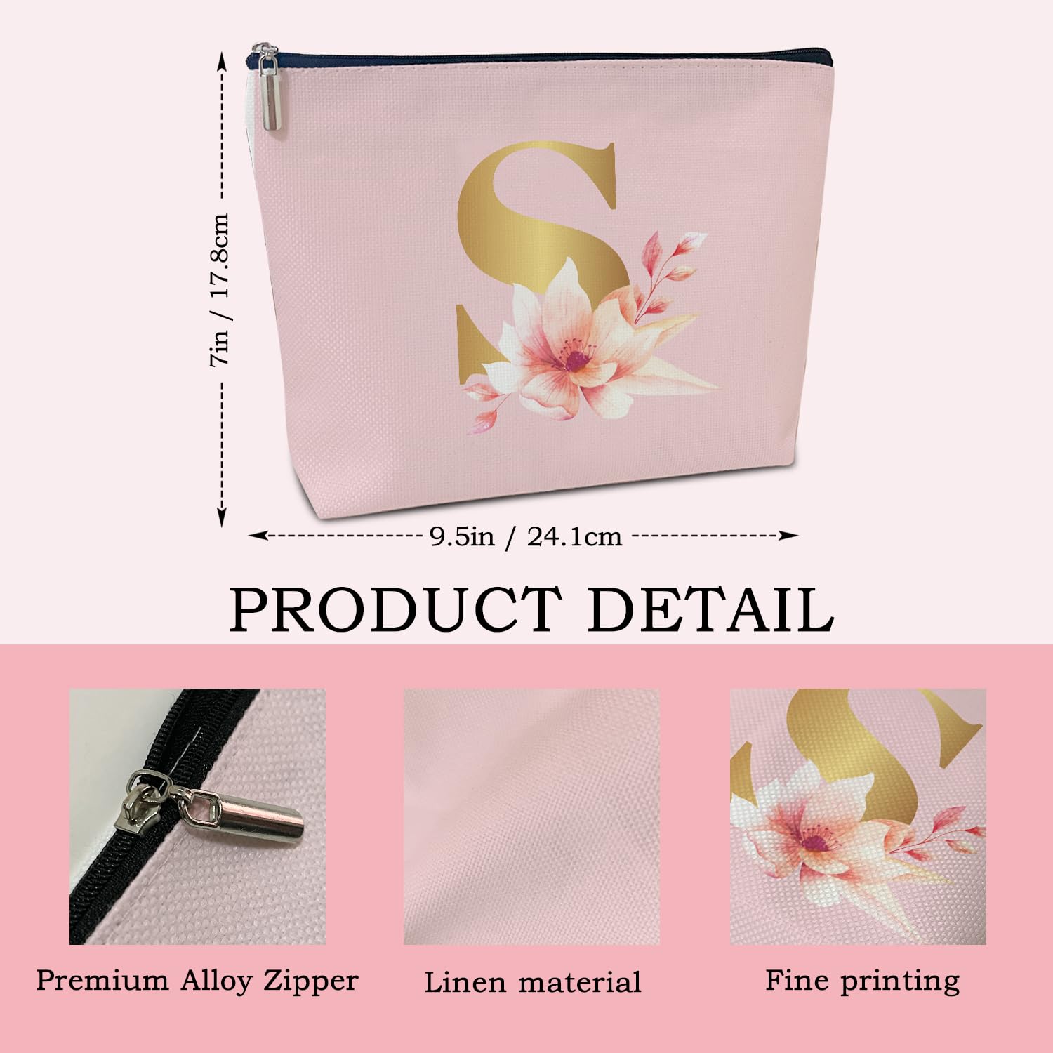 Personalized Monogram Makeup Bag for Women - Pink Initial Letter Cosmetic Pouch, Zipper Toiletry Organizer Travel Essentials Gift for Bride, Bridesmaid, Mom & Daughter (19