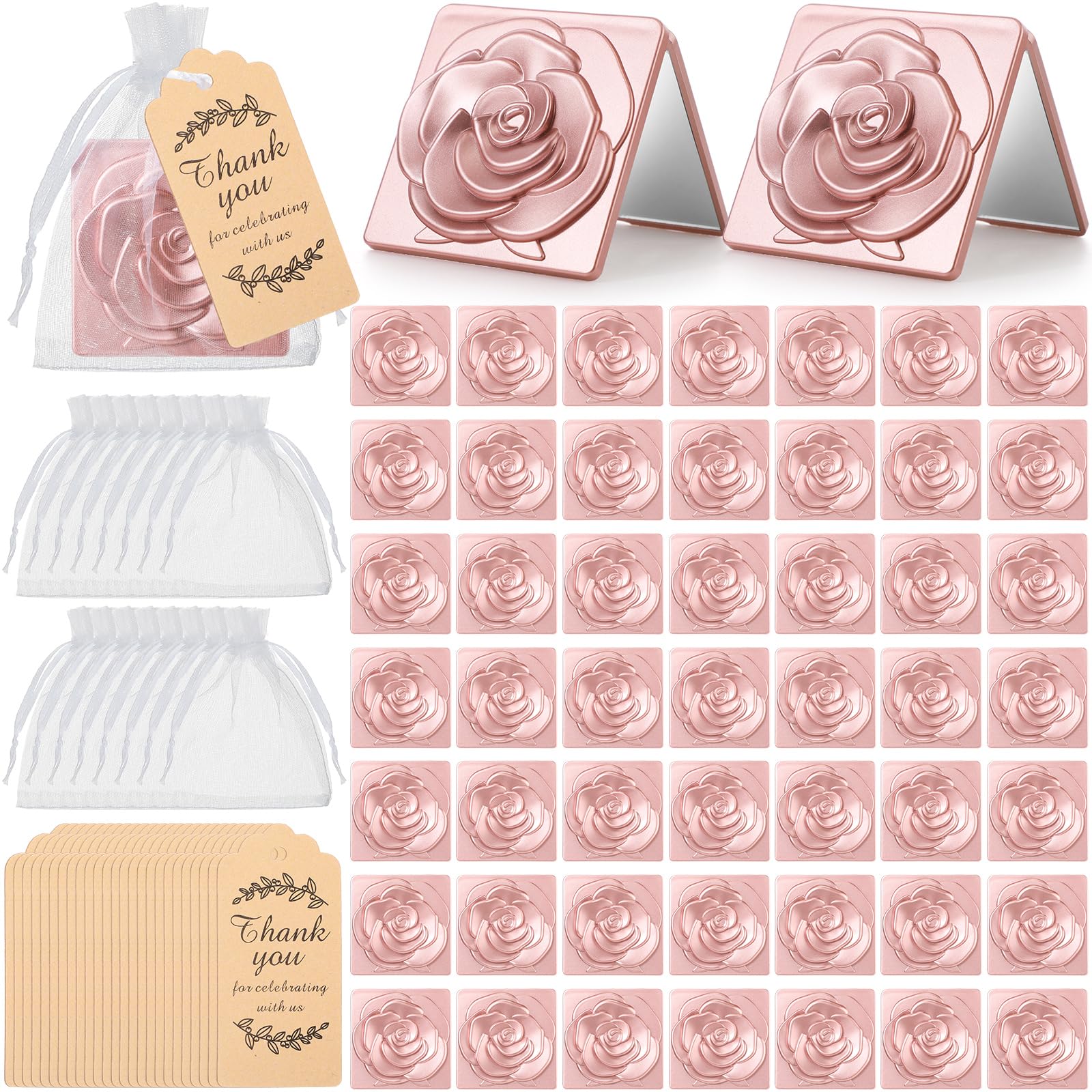 50 Pack Rose Compact Mirrors Bulk - Wedding Favors, Bridal Shower Gifts with Thank You Tags & Organza Bags - Portable Travel Makeup Mirror for Purse, Vanity, Bridesmaid Gifts - Cute Gold Floral Design for Special Occasions & Party Souvenirs