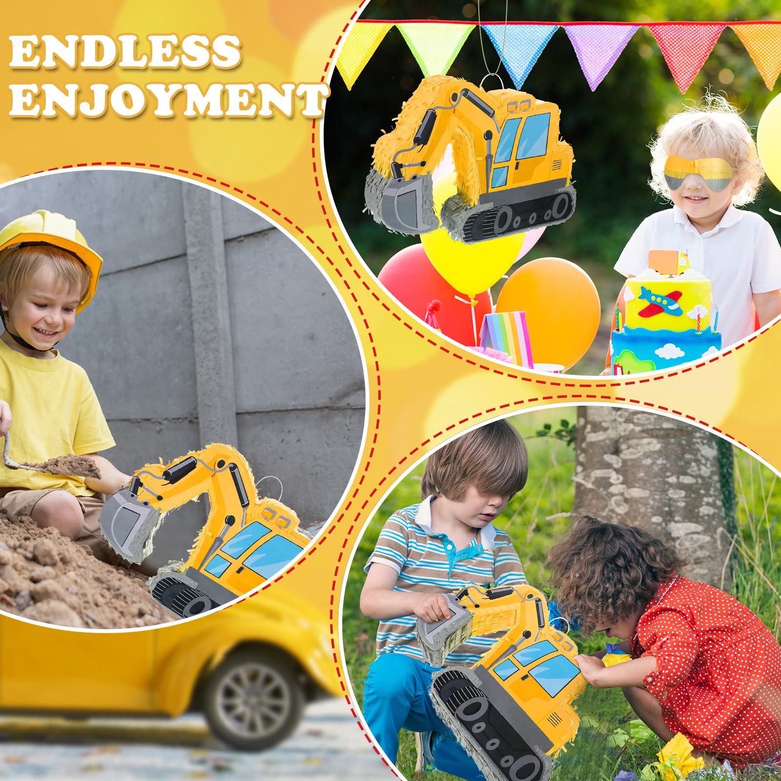 Ferraycle Excavator Construction Truck Pinata for Boys Birthday Party - Kids Construction Theme Party Supplies with Blindfold, Bat, Confetti & Number Crane Tractors - Perfect for Construction Birthday Parties, School Events & Pinata Games