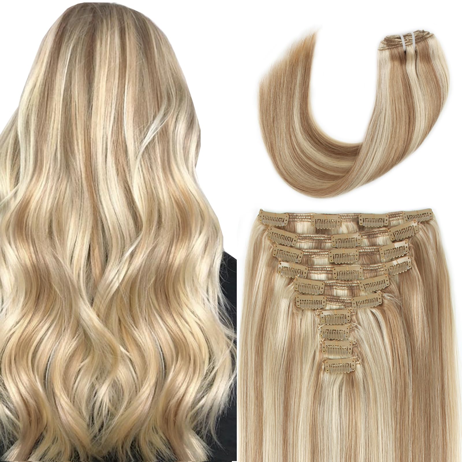 Sixstarhair 20 Inch 180g Human Hair Clip In Extensions - 10 Pieces Piano Ash Brown & Ash Blonde Mix Virgin Hair for Volume & Length - Perfect for Parties, Weddings & Daily Styling
