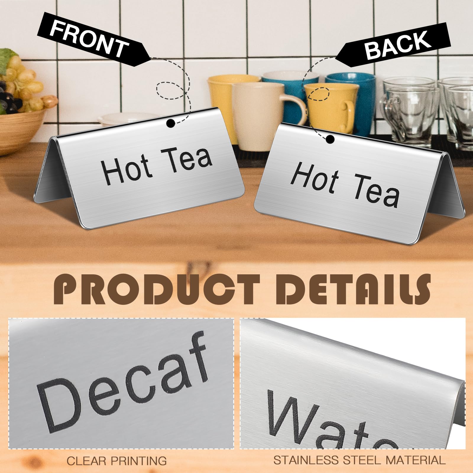 Hicarer 5 Pcs Stainless Steel Table Tent Signs for Coffee Tea Buffet - Wedding & Party Decor
