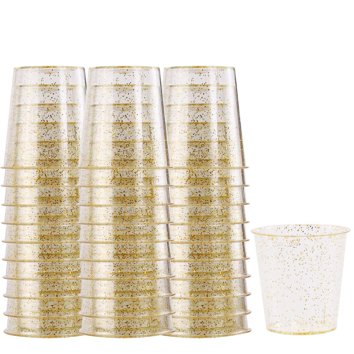 WELLIFE 200 Pack Gold Glitter Plastic Shot Glasses - 1 oz Disposable Party Cups for Whiskey, Liquor & Cocktails - Premium Mini Containers for Birthday, Wedding & Holiday Celebrations