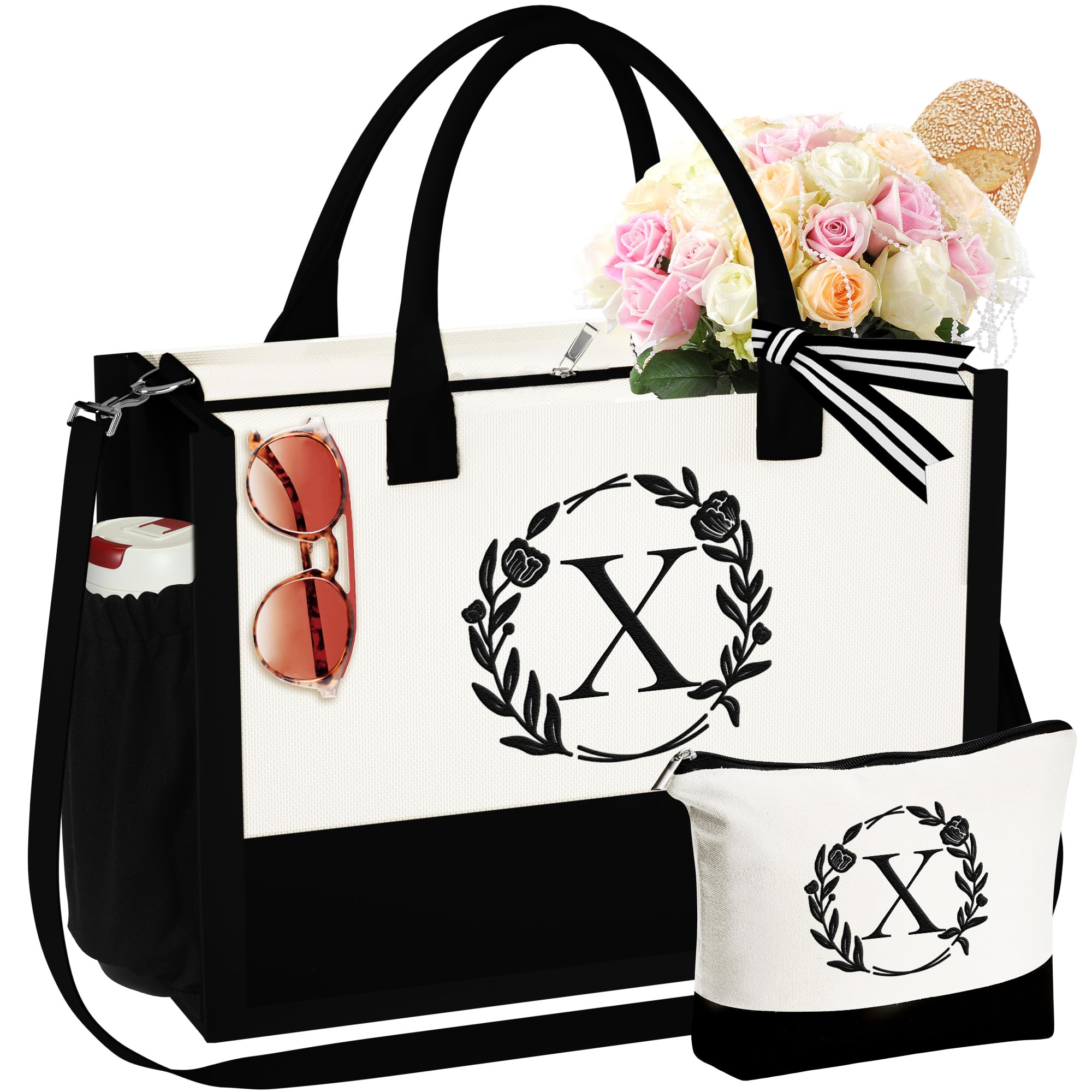 Personalized Initial Canvas Tote Bag with Zipper - Beach Bag, Makeup Bag, Teacher & Friend Birthday Gift for Women | Perfect for Shopping, Travel & Daily Use
