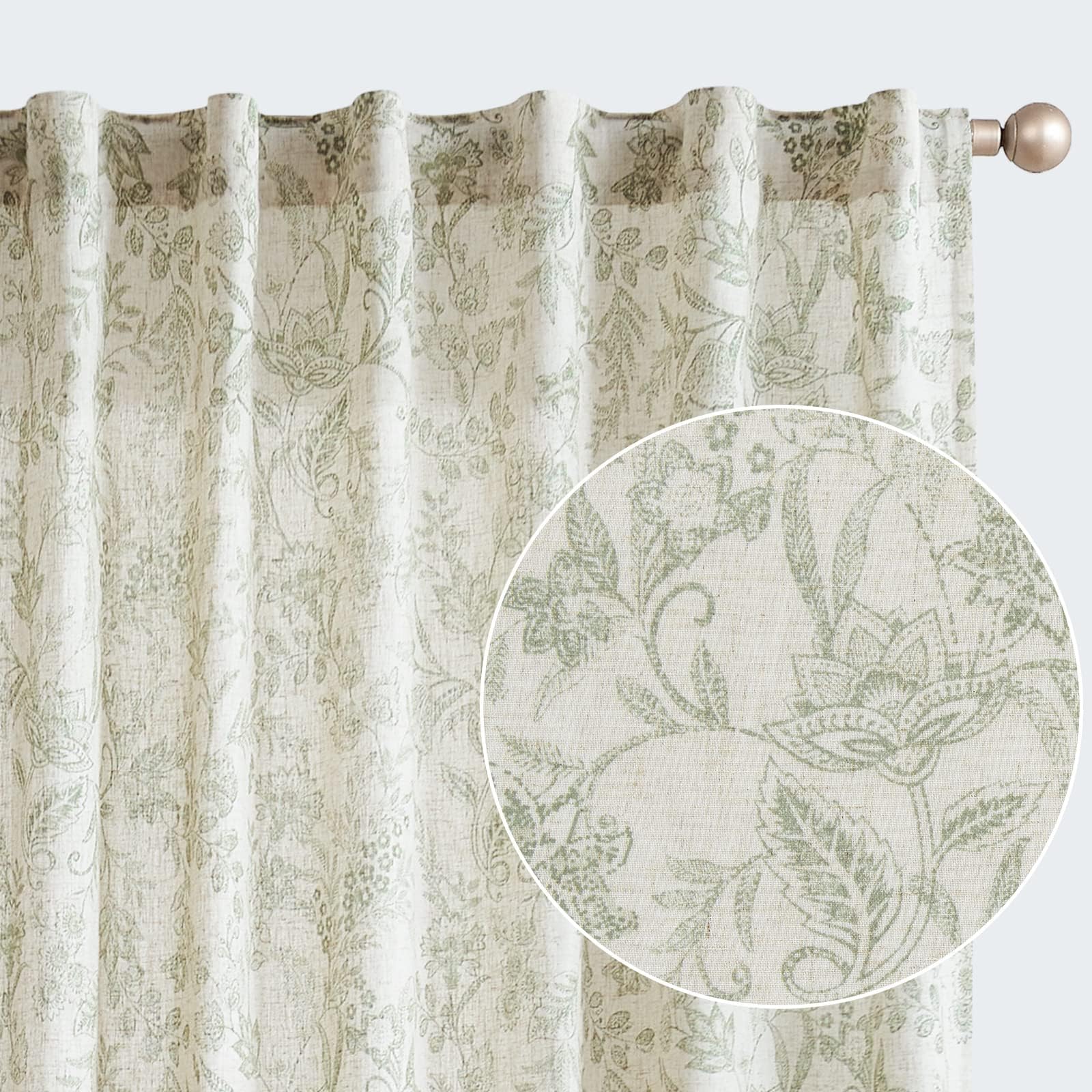 Jinchan Floral Linen Blend Curtains 84 Inch Long - Light Filtering Semi-Sheer Window Drapes for Living Room, Kitchen, French Country Farmhouse Decor (Green, 2 Panels) | Perfect for Sun Protection & Home Aesthetic Enhancement
