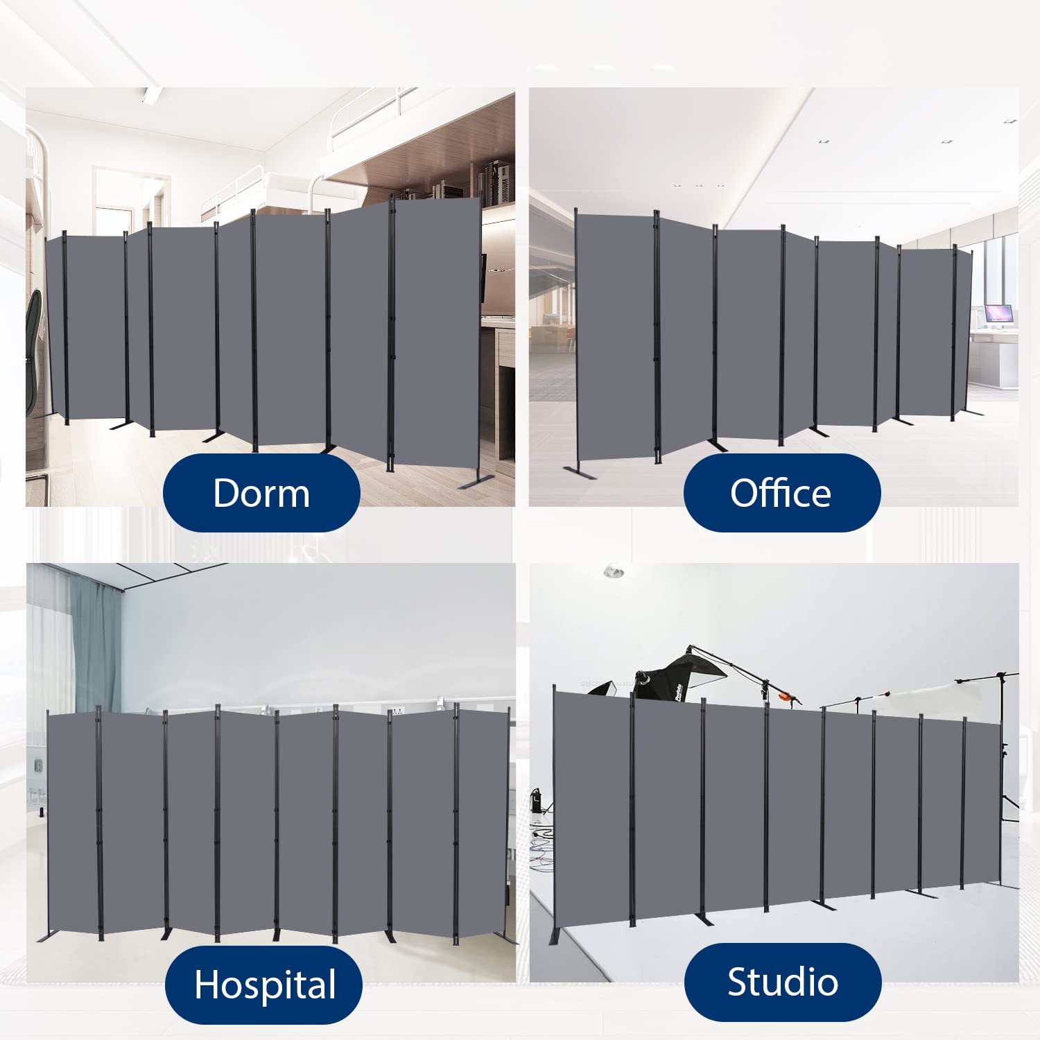 8-Panel Room Divider & Folding Privacy Screen - Freestanding Fabric Partition for Office, Bedroom, Studio & Dorm | Space-Saving Room Separation Solution for Home & Workspaces