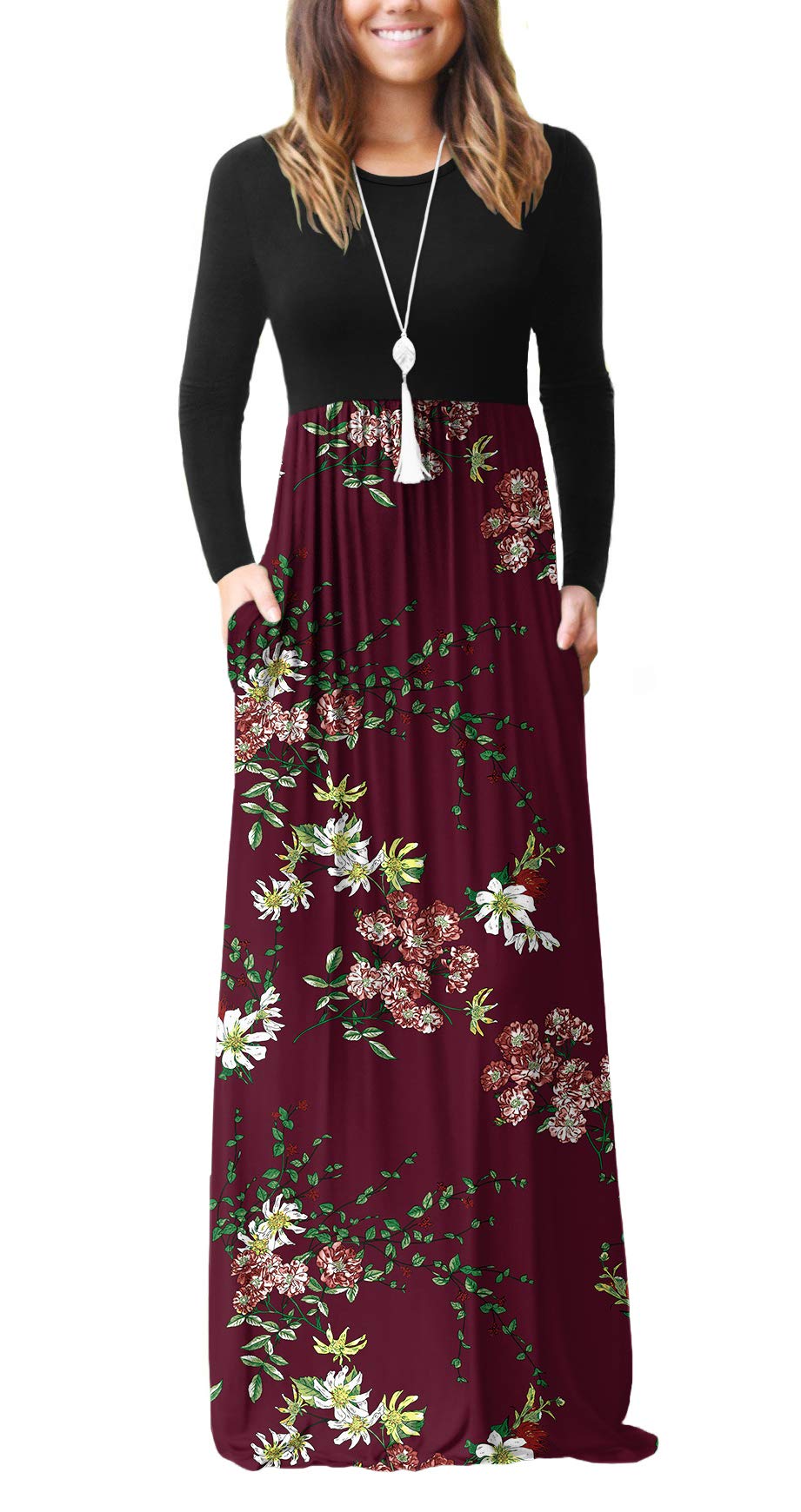 DEARCASE Women's Long Sleeve Loose Plain Maxi Dress with Pockets - Casual Flowy Long Dress for Everyday Wear, Work, and Special Occasions